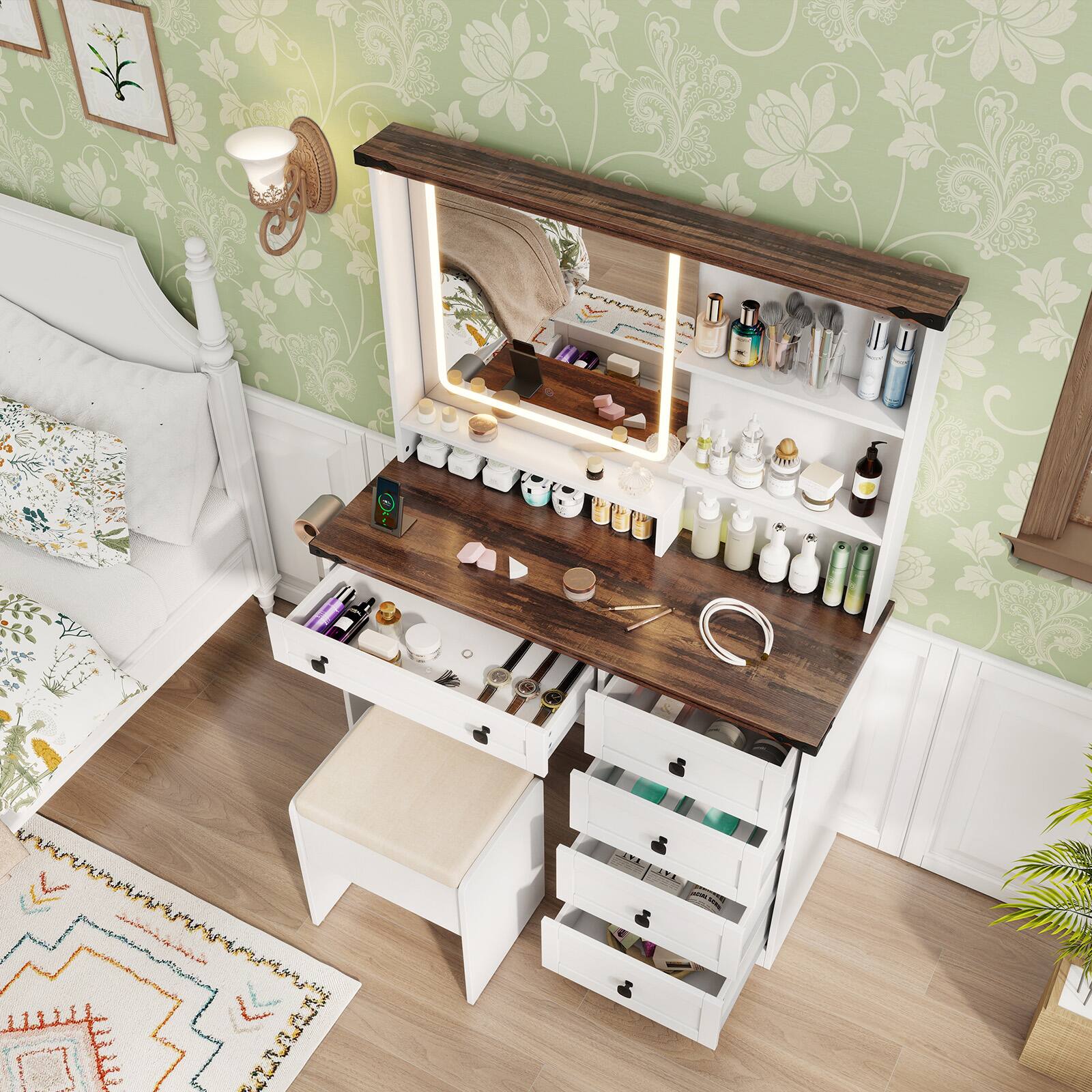 Alt View 2. SlickBlue - 3-Color Lighted Mirror Vanity Set in Farmhouse Style - White, Dark Brown.