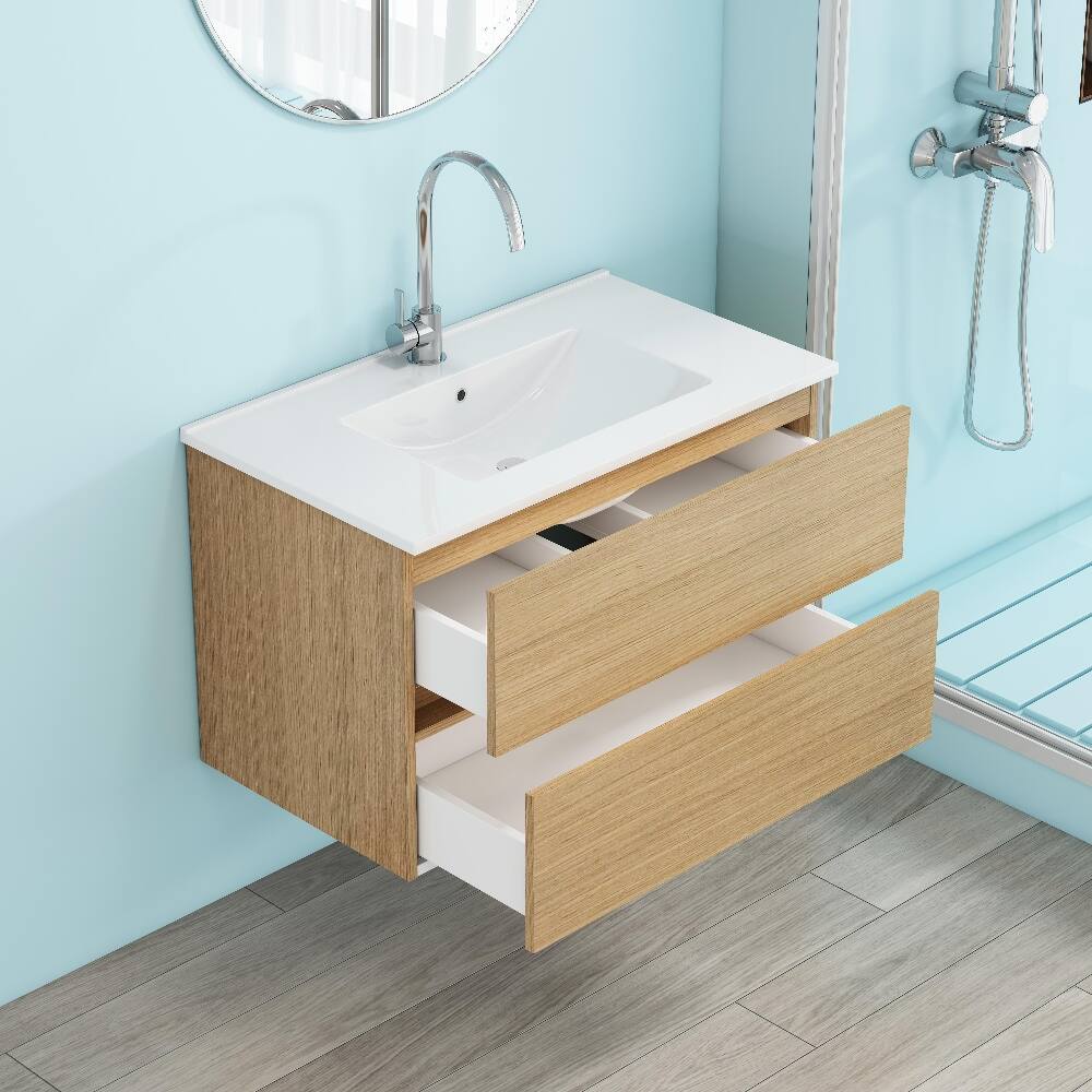 Angle. Loheer - Loheer 32 inch wall mounted bathroom vanity Natural Solid Wood with Ceramic Sink - Natural.