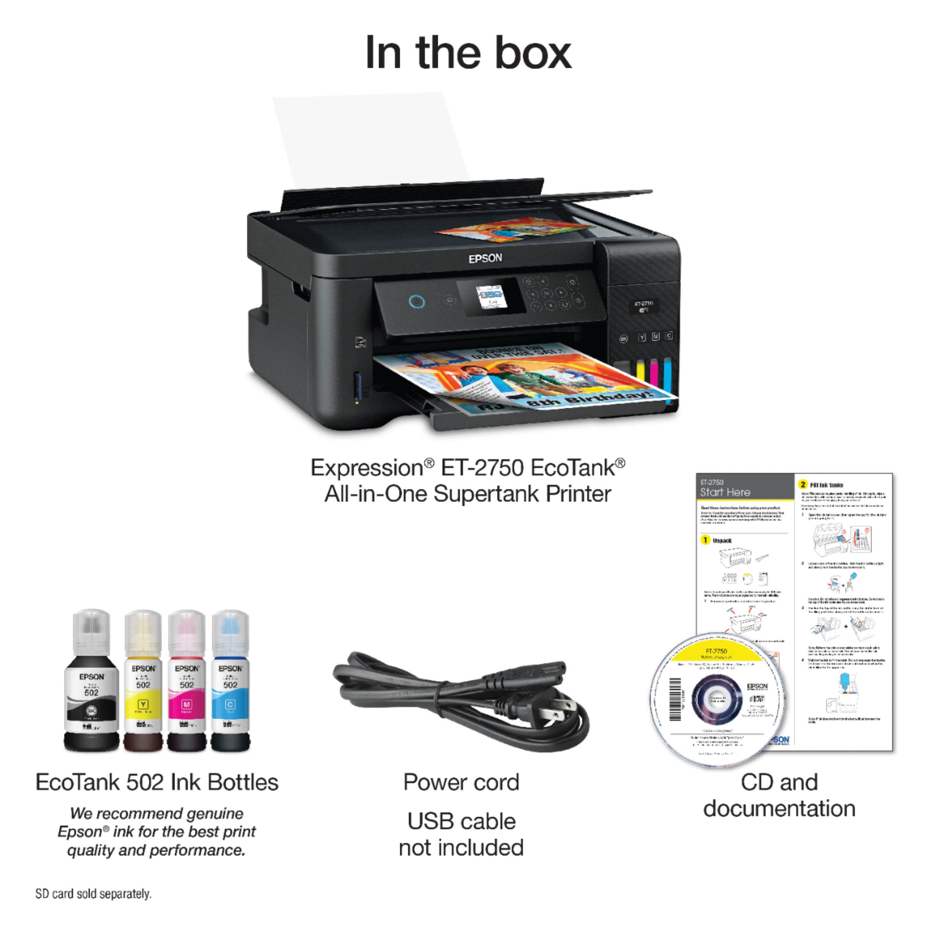 Epson EcoTank ET-2750 Wireless Color All-in-One Cartridge-Free Supertank  Printer with Scanner, Copier and Ethernet, Regular