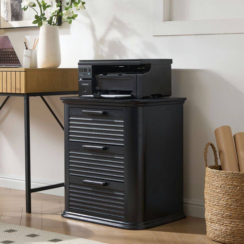 Alt View 4. Kadyn - Resenkos 22" Wide Fluted Nightstand with Charging Station, 3-Drawer Wood End Table for Bedroom & Living Room - Black.