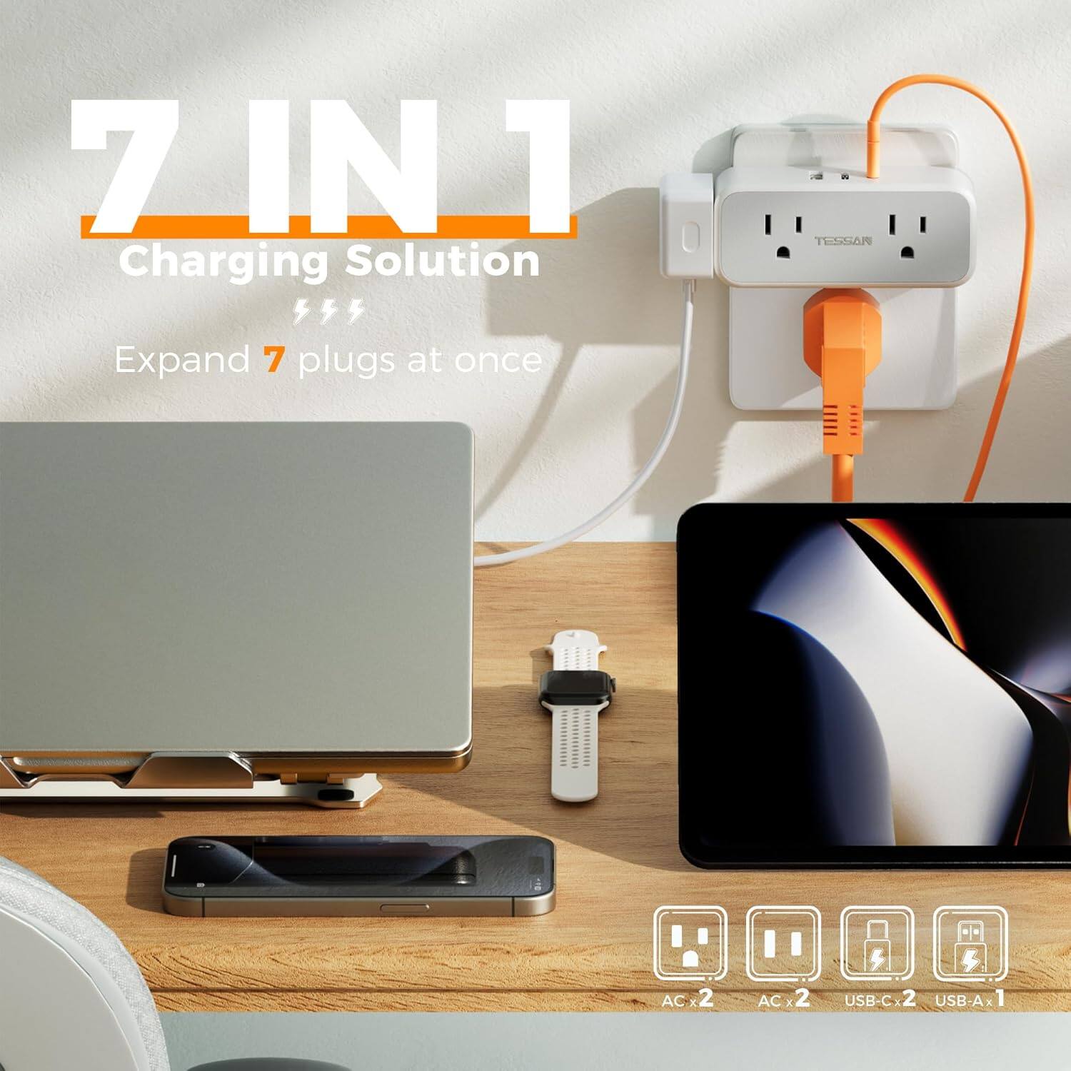 7 IN 1 Charging Solution  
Expand 7 plugs at once  

AC x 2  
AC x 2  
USB-C x 2  
USB-A x 1