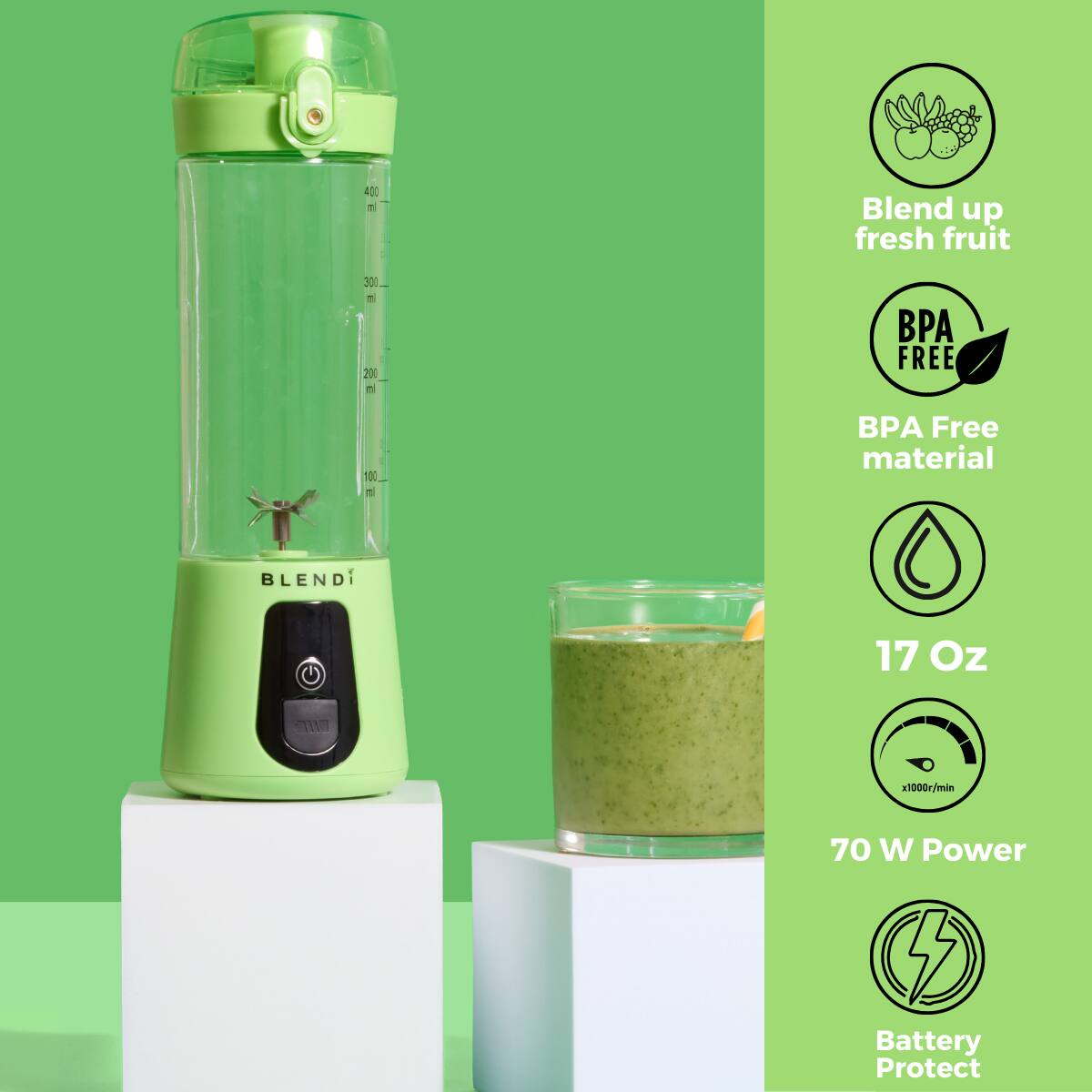 - Blend up fresh fruit
- BPA Free material
- 17 Oz
- 70 W Power
- Battery Protect