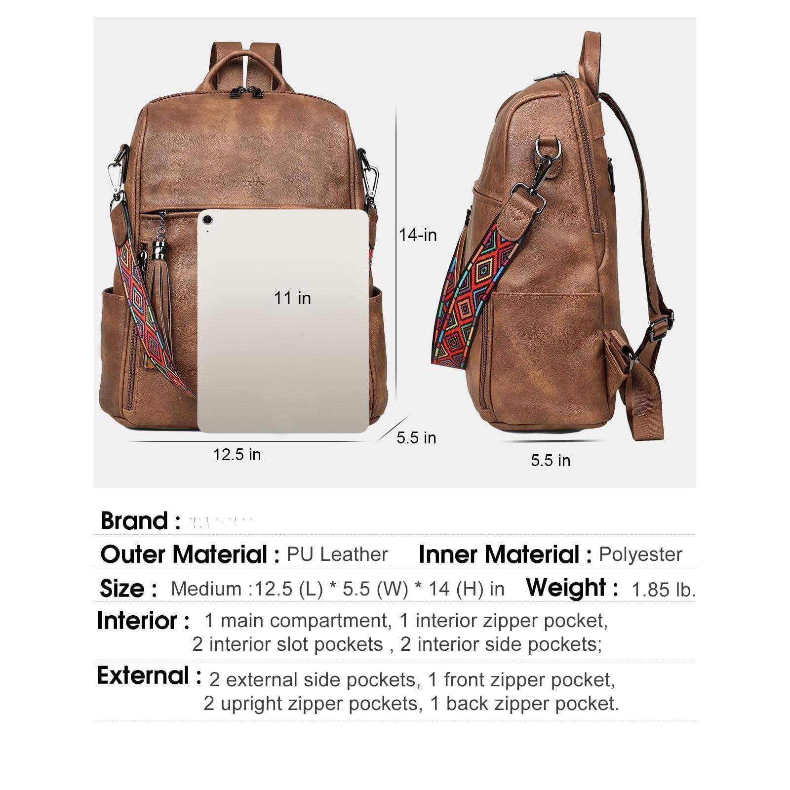 Brand: [Brand Name]

Outer Material: PU Leather

Inner Material: Polyester

Size: Medium - 12.5 (L) * 5.5 (W) * 14 (H) in

Weight: 1.85 lb

Interior:
- 1 main compartment
- 1 interior zipper pocket
- 2 interior slot pockets
- 2 interior side pockets

External:
- 2 external side pockets
- 1 front zipper pocket
- 2 upright zipper pockets
- 1 back zipper pocket