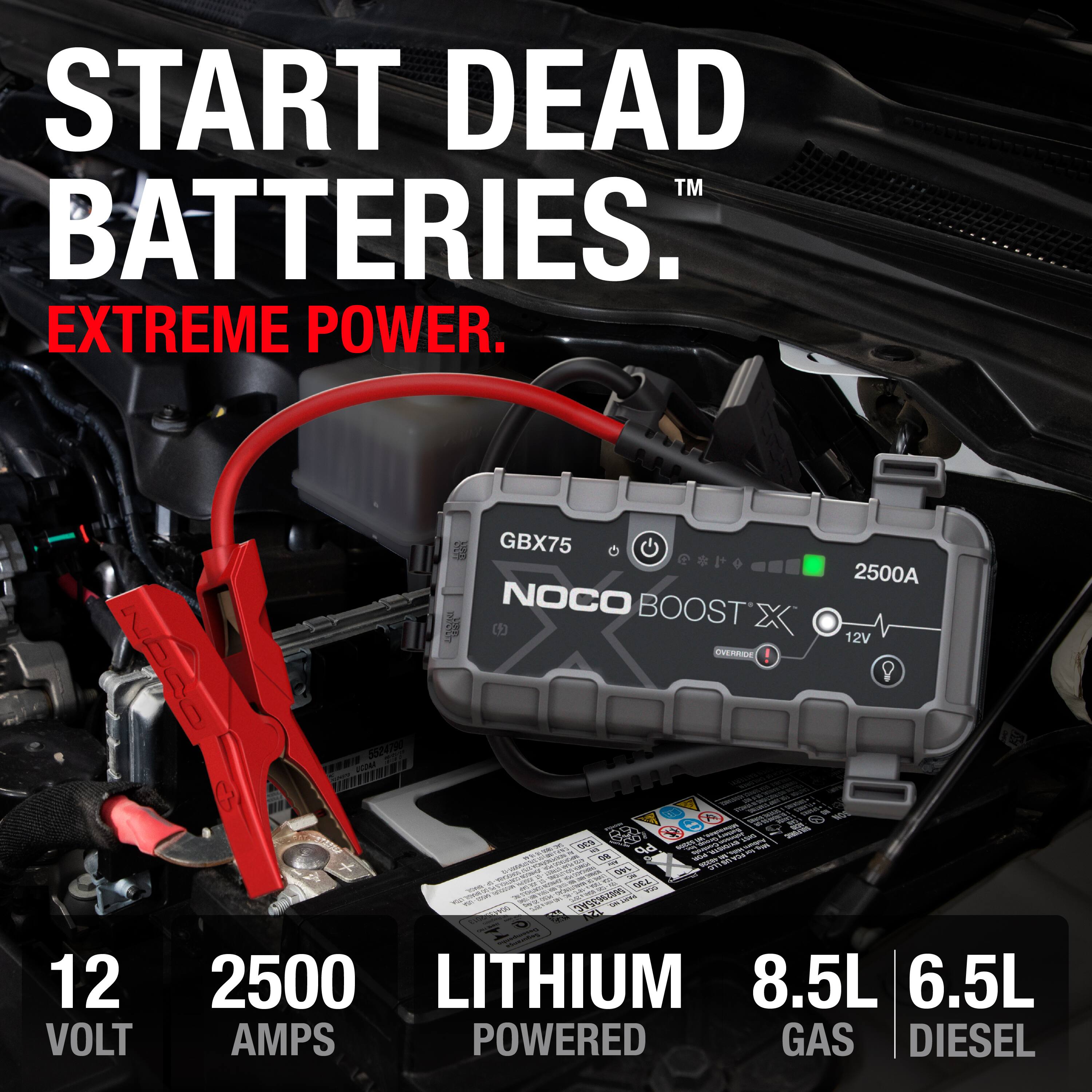 START DEAD BATTERIES™  
EXTREME POWER.  

12 VOLT  
2500 AMPS  
LITHIUM POWERED  
8.5L GAS  
6.5L DIESEL  

GBX75  
NOCO BOOST X  
2500A  
12V