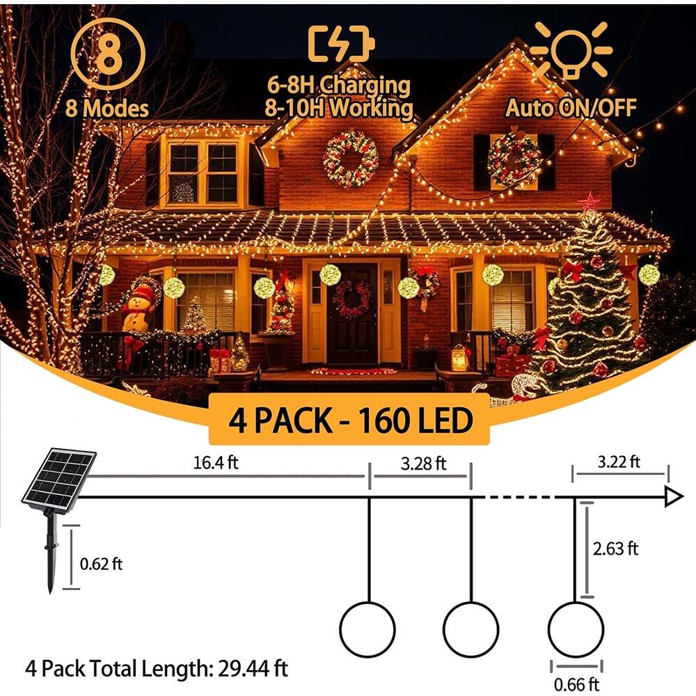 8 Modes  
6-8H Charging  
8-10H Working  
Auto ON/OFF  

4 PACK - 160 LED  

16.4 ft  
3.28 ft  
3.22 ft  
2.63 ft  
0.62 ft  
0.66 ft  

4 Pack Total Length: 29.44 ft
