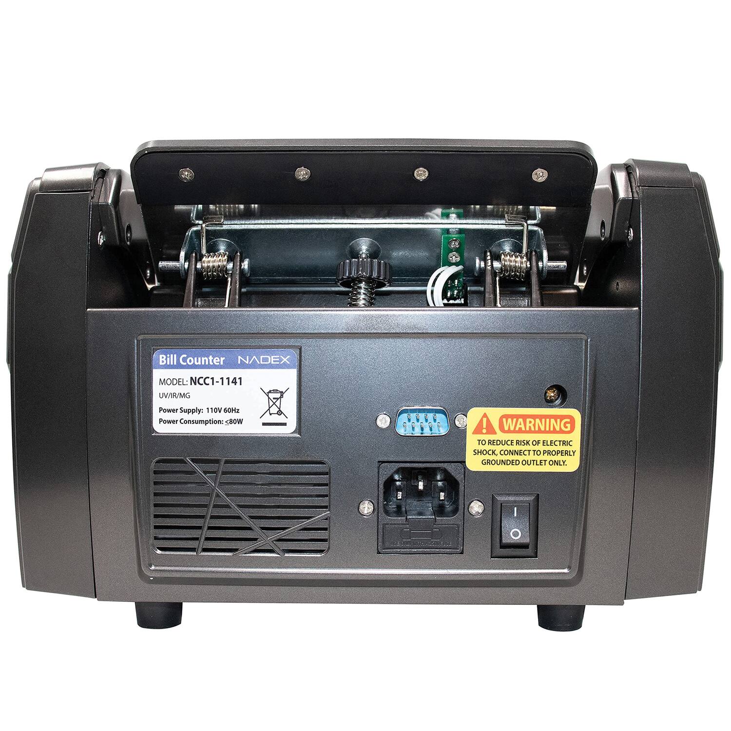 Bill Counter  
NADEX  
MODEL: NCC1-1141  
UV/IR/MG  
Power Supply: 110V 60Hz  
Power Consumption: <80W  

WARNING  
TO REDUCE RISK OF ELECTRIC SHOCK, CONNECT TO PROPERLY GROUNDED OUTLET ONLY.