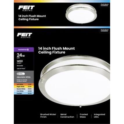 FEIT 14 inch Flush Mount Ceiling Fixture
FEIT 24w UD 1450 14 inch Flush Mount Ceiling Fixture
E Brushed Nickel Metal Frosted Finish Construction
04ass integrated LED