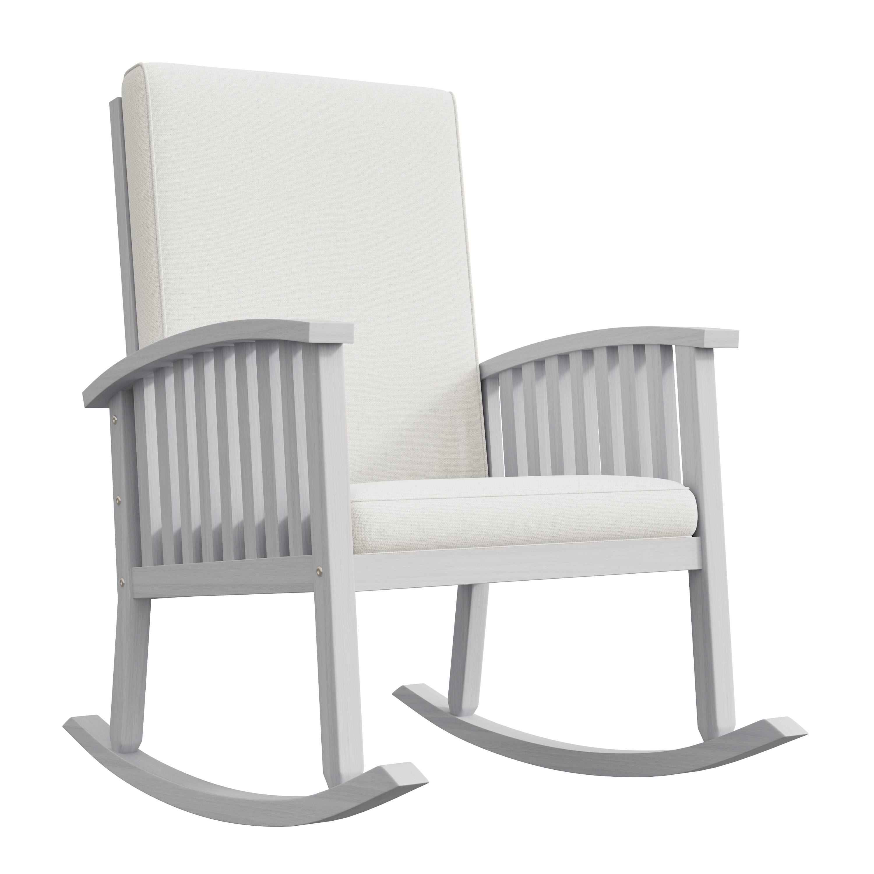 Angle. Whisen - Outdoor Acacia Wood Rocking Chair with Cushioned Back and Seat,Rustic Porch Chair - Ivory.