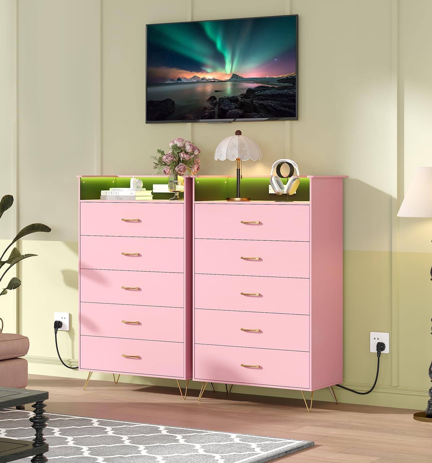 Left. Homhougo - Modern 5-Drawer Tall Dresser for Bedroom, Wood Chest of Drawers with Silent Closing Slides, Water-Resistant White - Pink.
