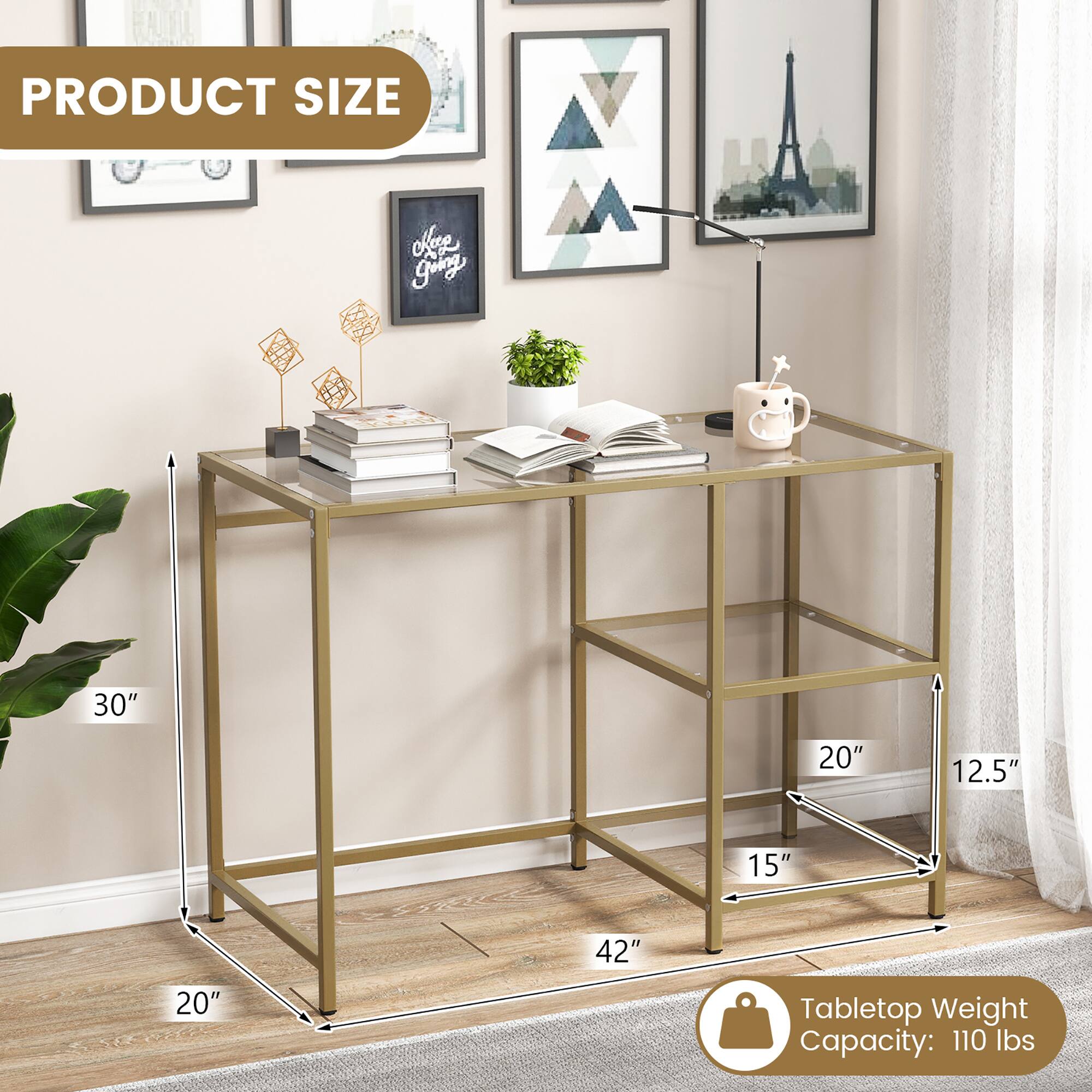 PRODUCT SIZE

- Height: 30"
- Width: 42"
- Depth: 20"
- Shelf Depth: 20"
- Shelf Height: 12.5"
- Shelf Width: 15"

Tabletop Weight Capacity: 110 lbs