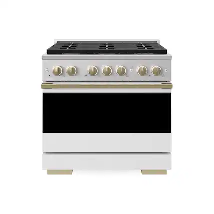Front. ZLINE - Autograph 36 in. 5.2 cu. ft. Marino Dual Fuel Freestanding Range with 6 Gas Burner Cooktop with White & Bronze Accents - White Matte.