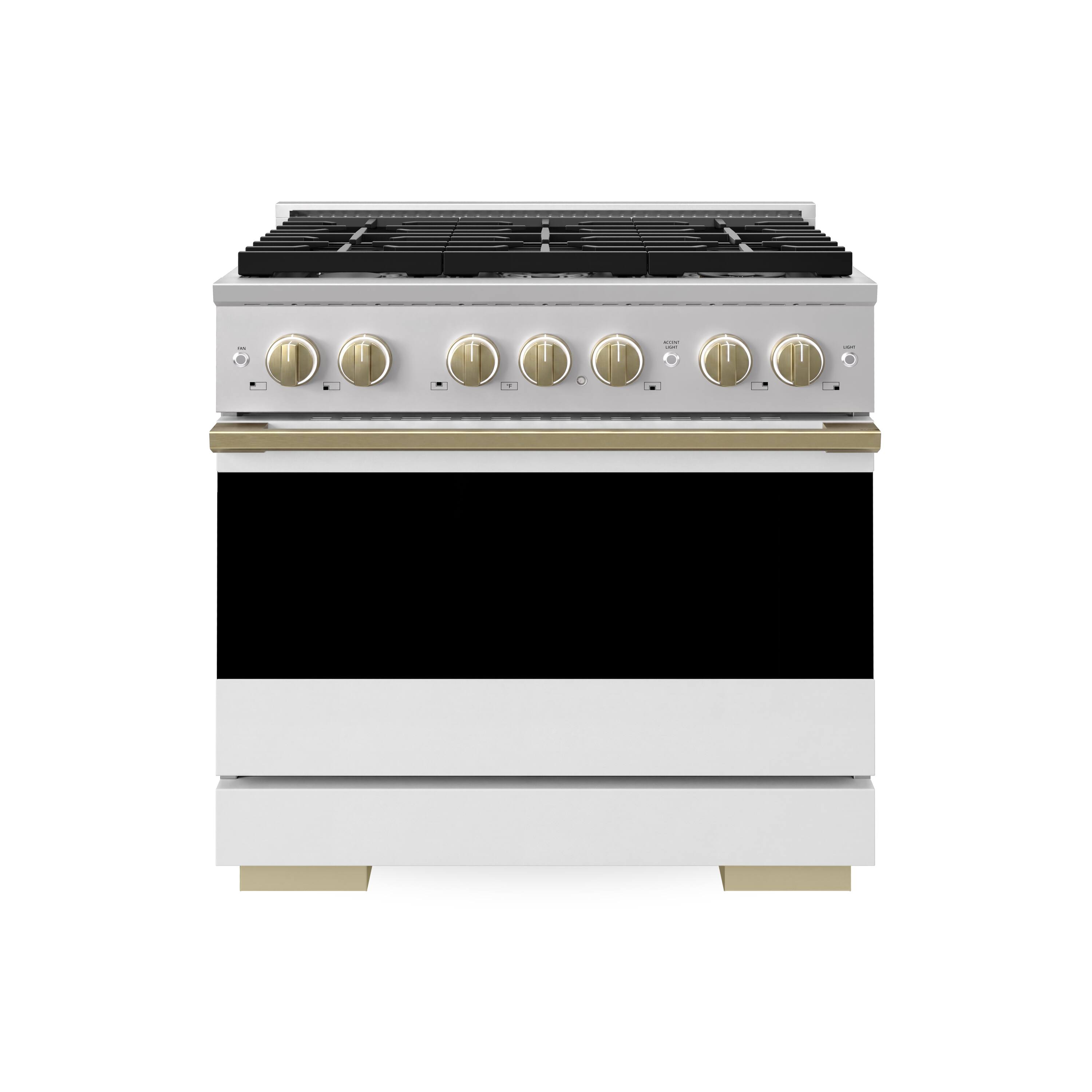 ZLINE - Autograph 36 in. 5.2 cu. ft. Marino Dual Fuel Freestanding Range with 6 Gas Burner Cooktop with White & Bronze Accents - White Matte