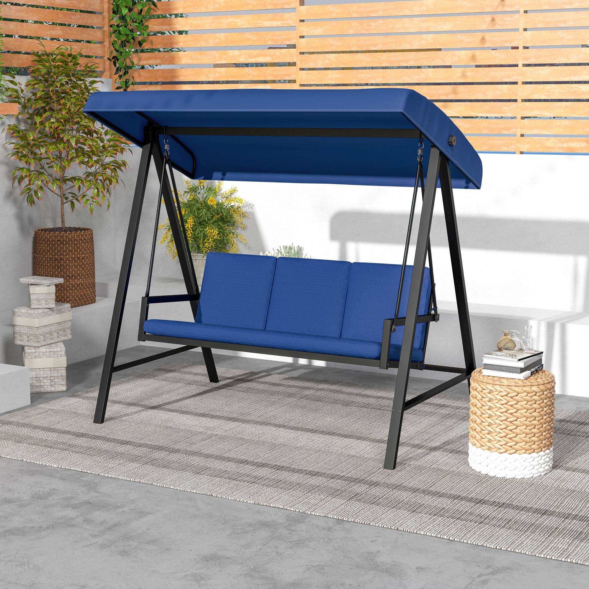 Angle. Outsunny - Outsunny 3-Seat Outdoor Porch Swing with Stand Heavy Duty Patio Swing Chair with Adjustable Canopy - Blue.