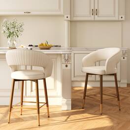 POVISON - 26" Modern Cutout Back Counter Height Bar Stools Set of 2, Faux Leather Bar Chairs with Arms - Beige & Bronze
