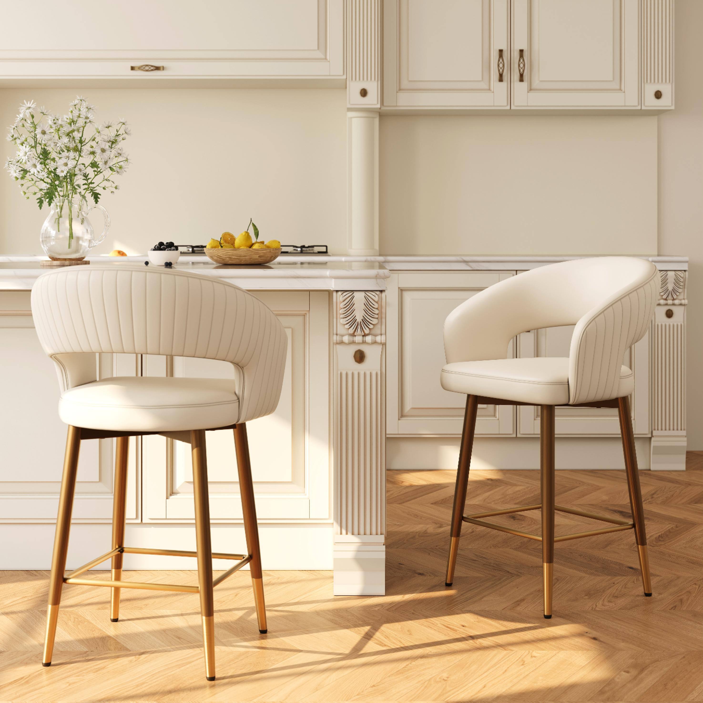 Front. POVISON - 26" Modern Cutout Back Counter Height Bar Stools Set of 2, Faux Leather Bar Chairs with Arms, Beige & Bronze - Beige & Bronze.