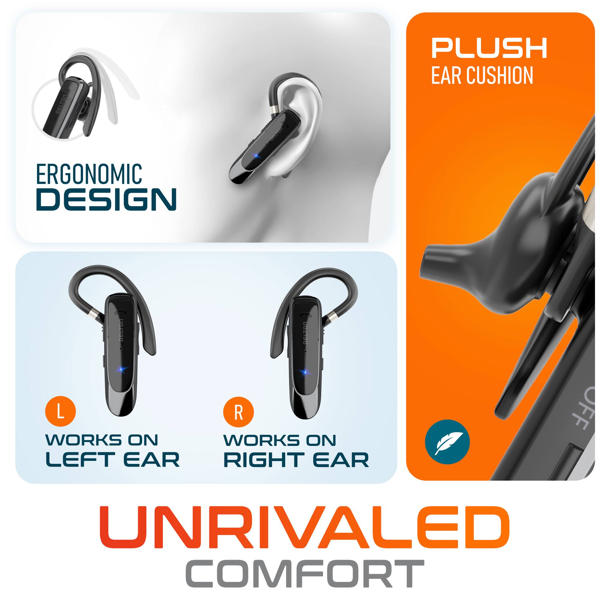 PLUSH EAR CUSHION, ERGONOMIC DESIGN, L WORKS ON LEFT EAR, R WORKS ON RIGHT EAR, OFF, UNRIVALED COMFORT