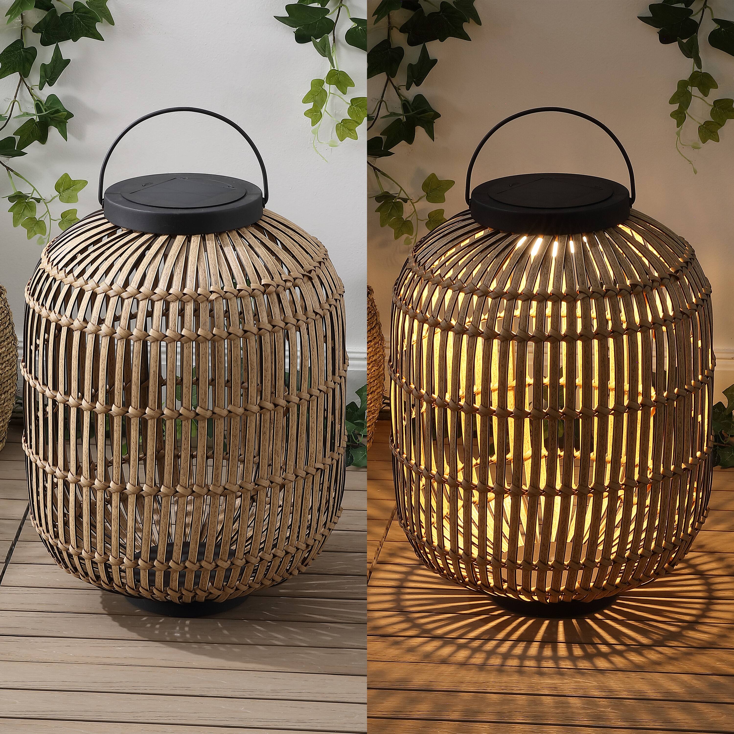 Alt View 4. Jonathan Y - Nara 20.5" Modern Global Faux Rattan Integrated Indoor/Outdoor LED Solar Powered Lantern, Light Brown/Black - Light Brown/Black.