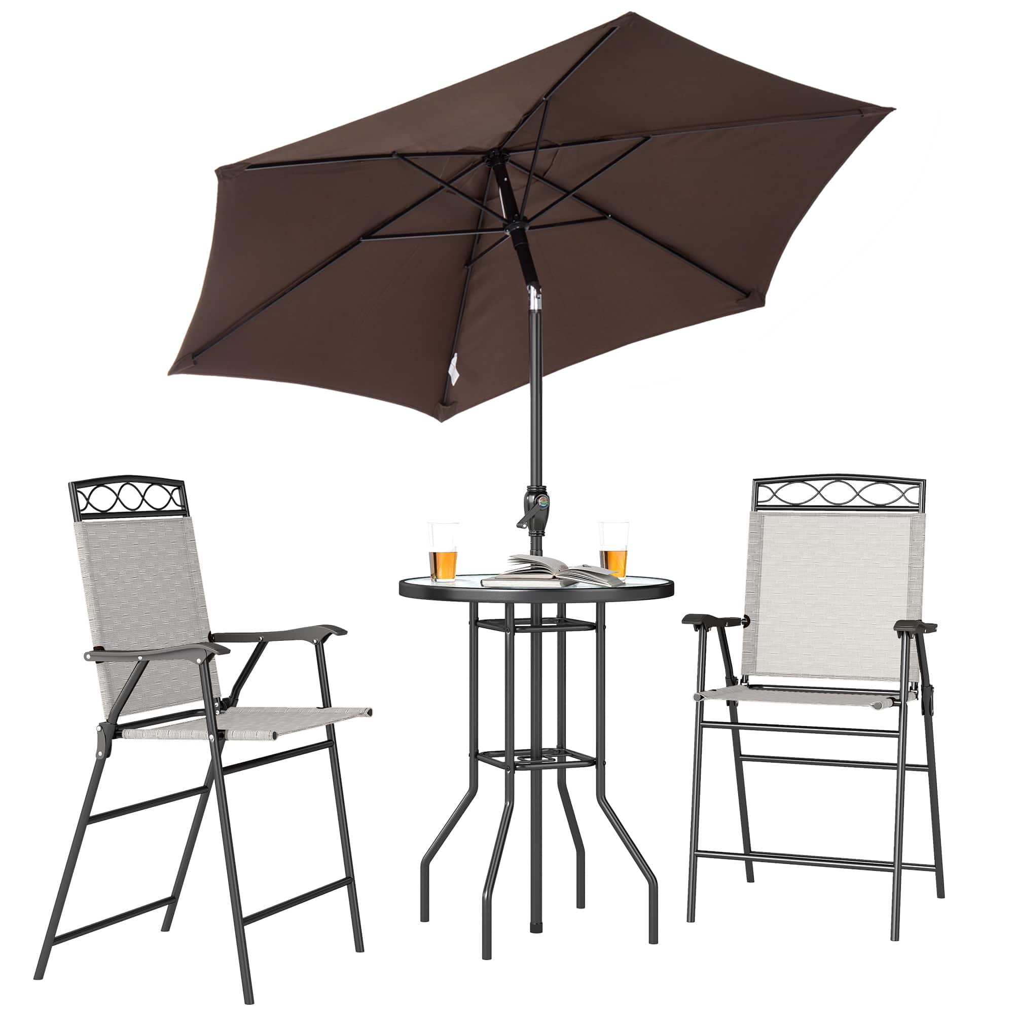 Outsunny - 4 Piece Outdoor Patio Dining Furniture Set, 2 Folding Chairs, Adjustable Angle Umbrella - Beige