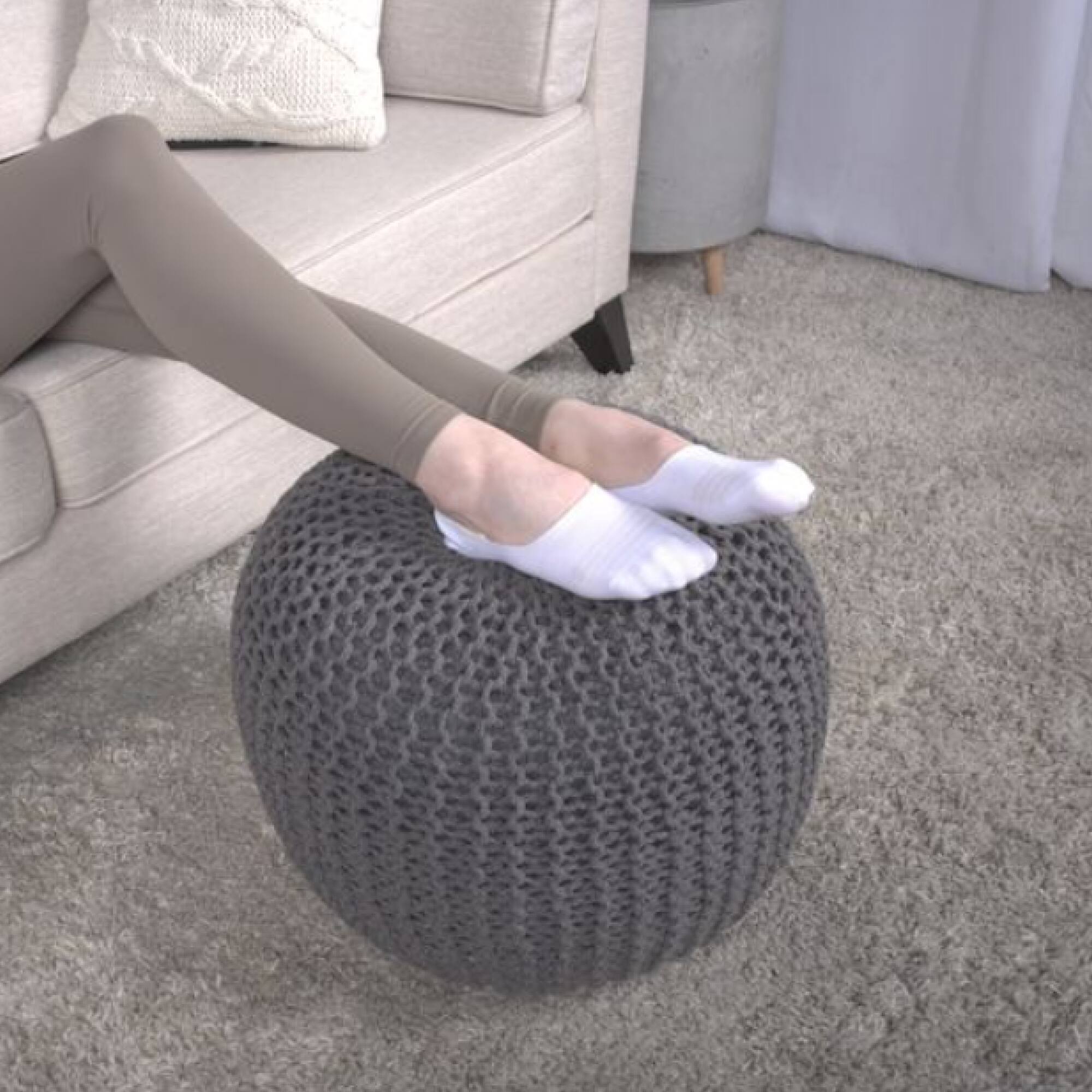 Left. GOODSILO - Stylish Knitted Cotton Round Pouf for Versatile Seating and Decor - Gray.