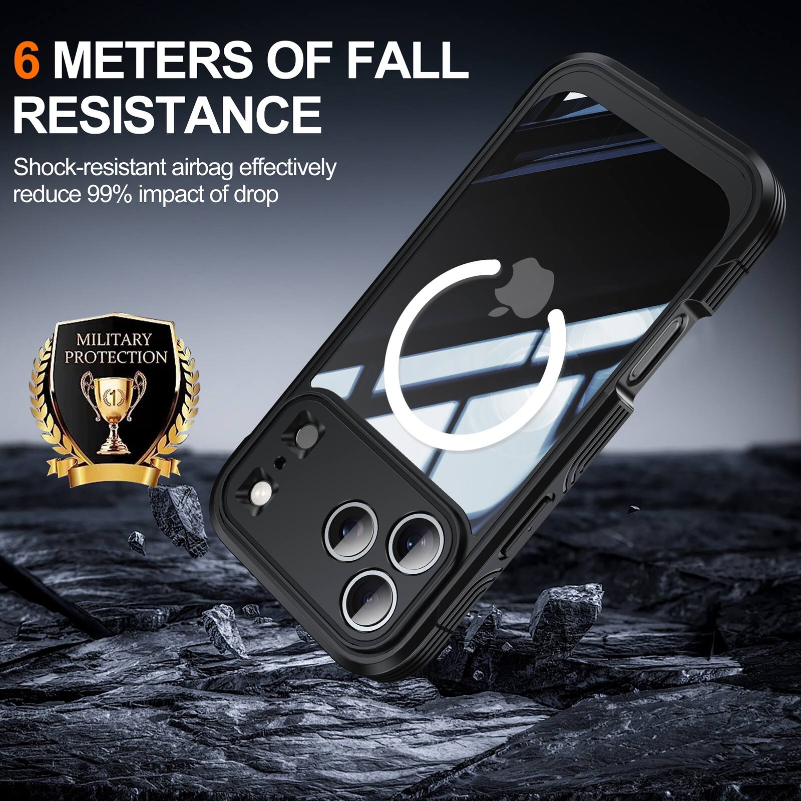 6 METERS OF FALL RESISTANCE

Shock-resistant airbag effectively reduce 99% impact of drop

MILITARY PROTECTION