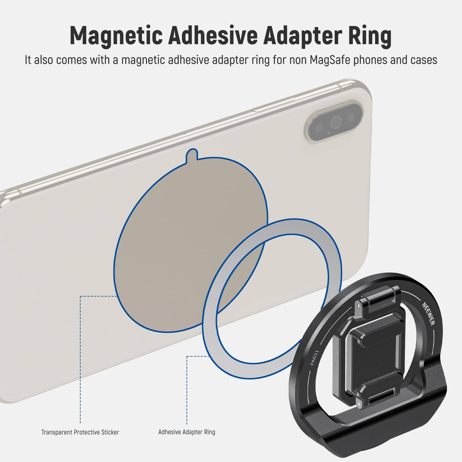 Magnetic Adhesive Adapter Ring

It also comes with a magnetic adhesive adapter ring for non MagSafe phones and cases

Transparent Protective Sticker
Adhesive Adapter Ring