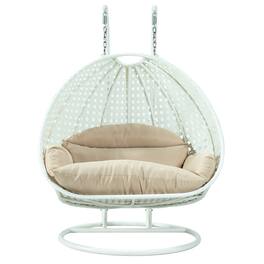 LeisureMod - Modern 2-Person Outdoor Egg Swing White Wicker Chair with Stand, Plush Washable Cushions & Waterproof Cover - Beige