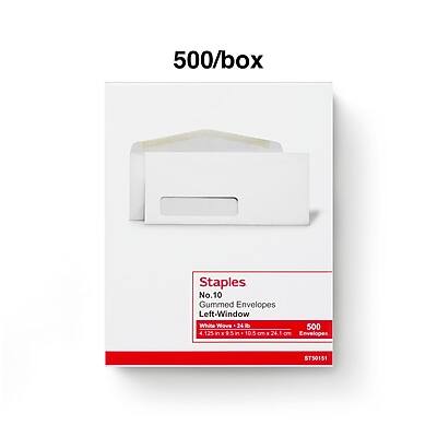 500/box Staples No.10 Gummed Envelopes Left-Window White Wove  
500 Envelopes  
125 mm x 105 mm x 21 mm  
ST50151