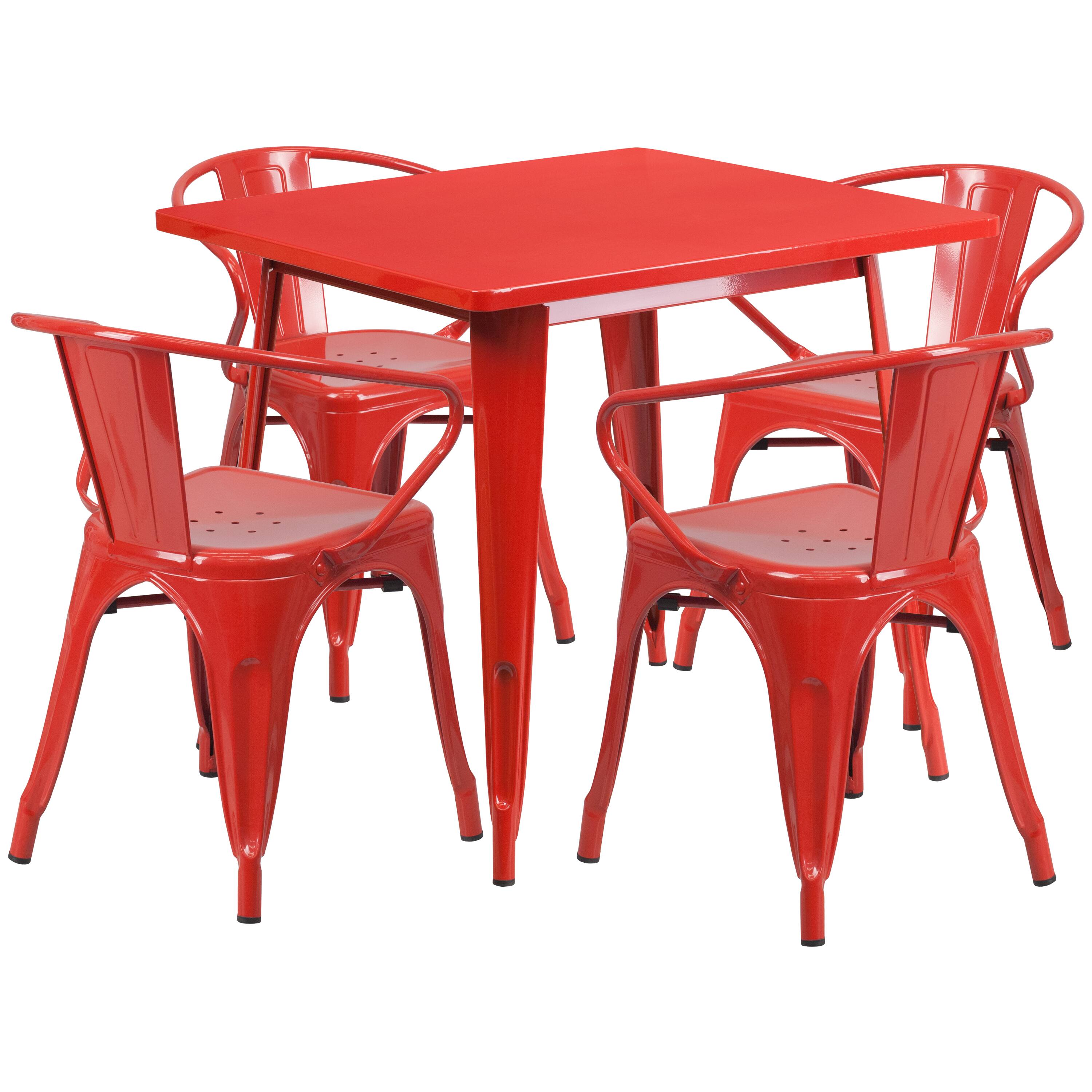 Flash Furniture - Grady Commercial Grade 31.5" Square Metal Indoor-Outdoor Table Set with 4 Arm Chairs - Red