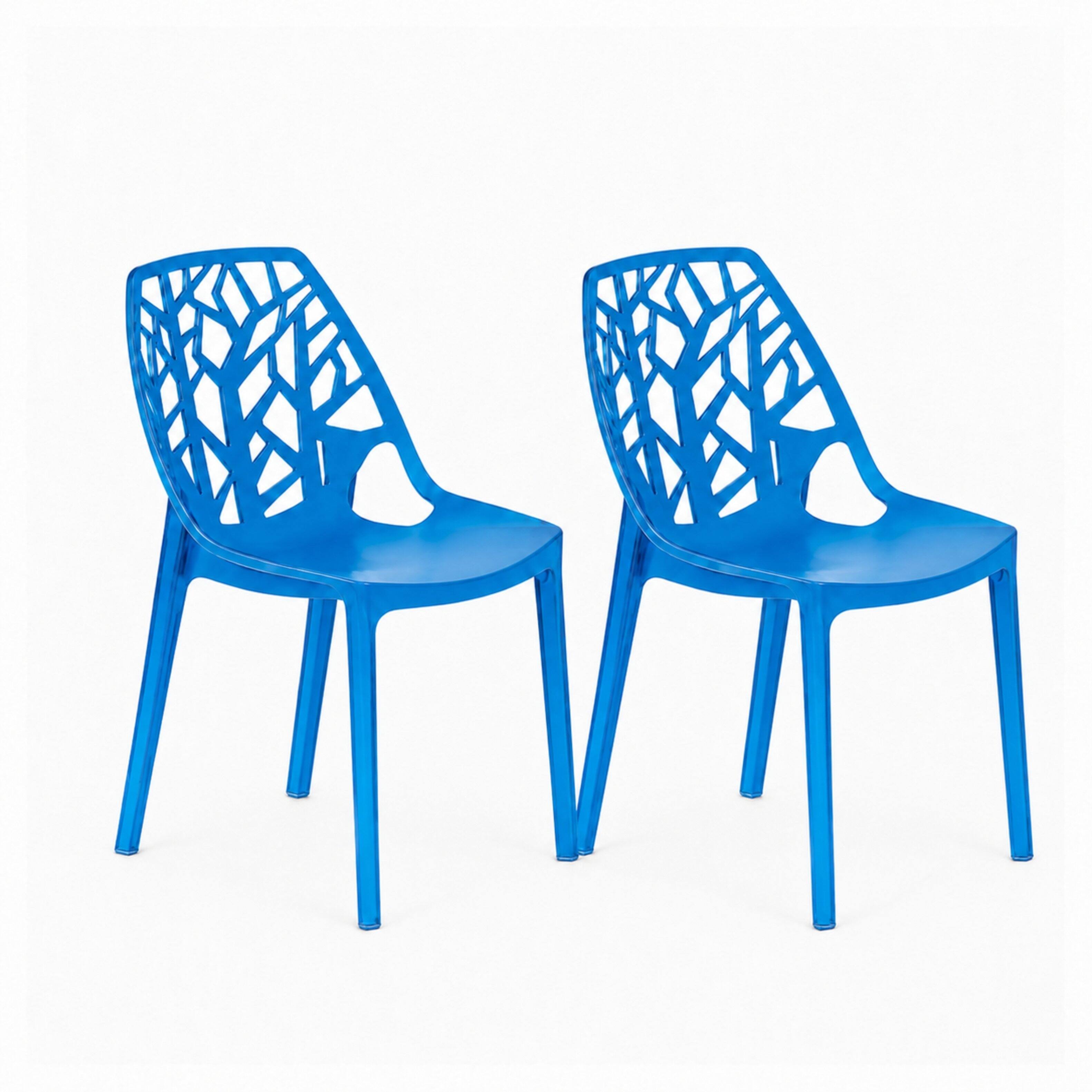 LeisureMod - Cornelia 2-Pieces Modern Plastic Dining Chair with Cut Out Design Backrest for Indoor Outdoor - Transparent Blue