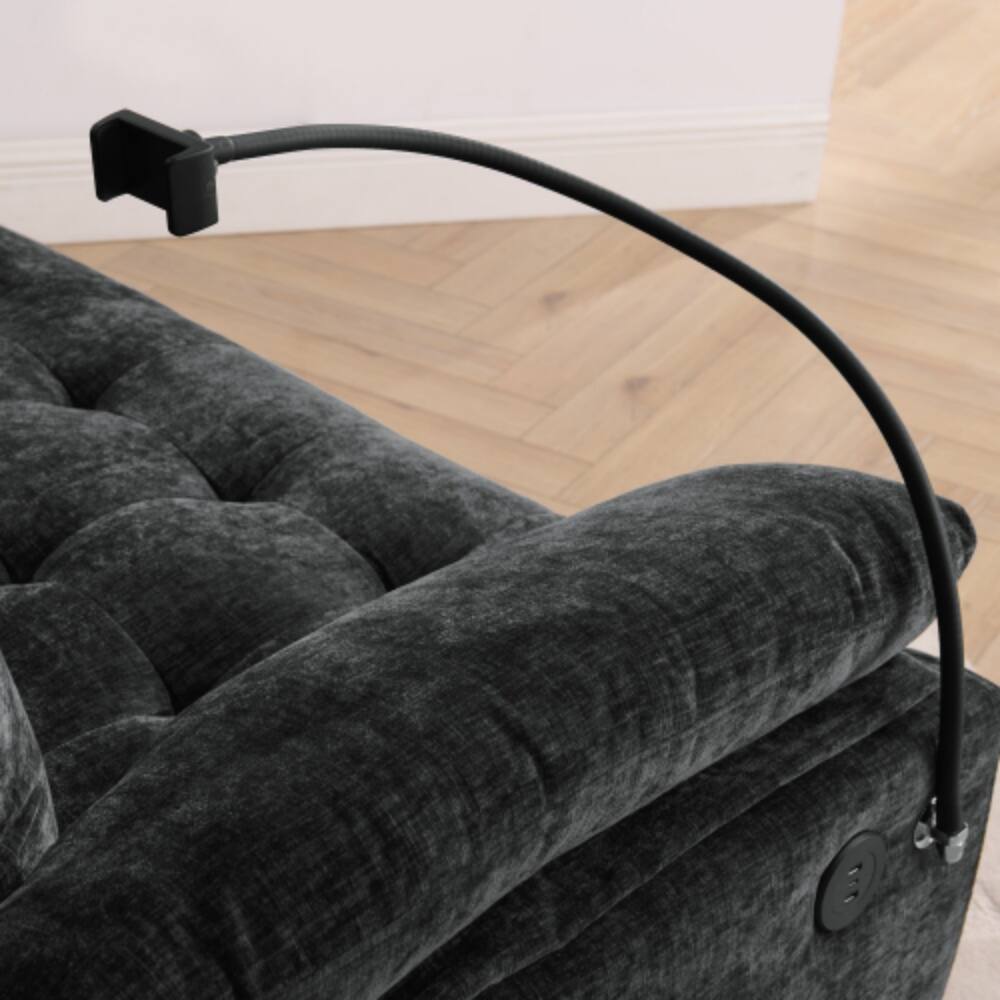 Back. LUCKY ONE - Double Sofa Recliner w/ Manual Adjustable Backrest USB Port Phone Stand Storage Ottoman - Black.