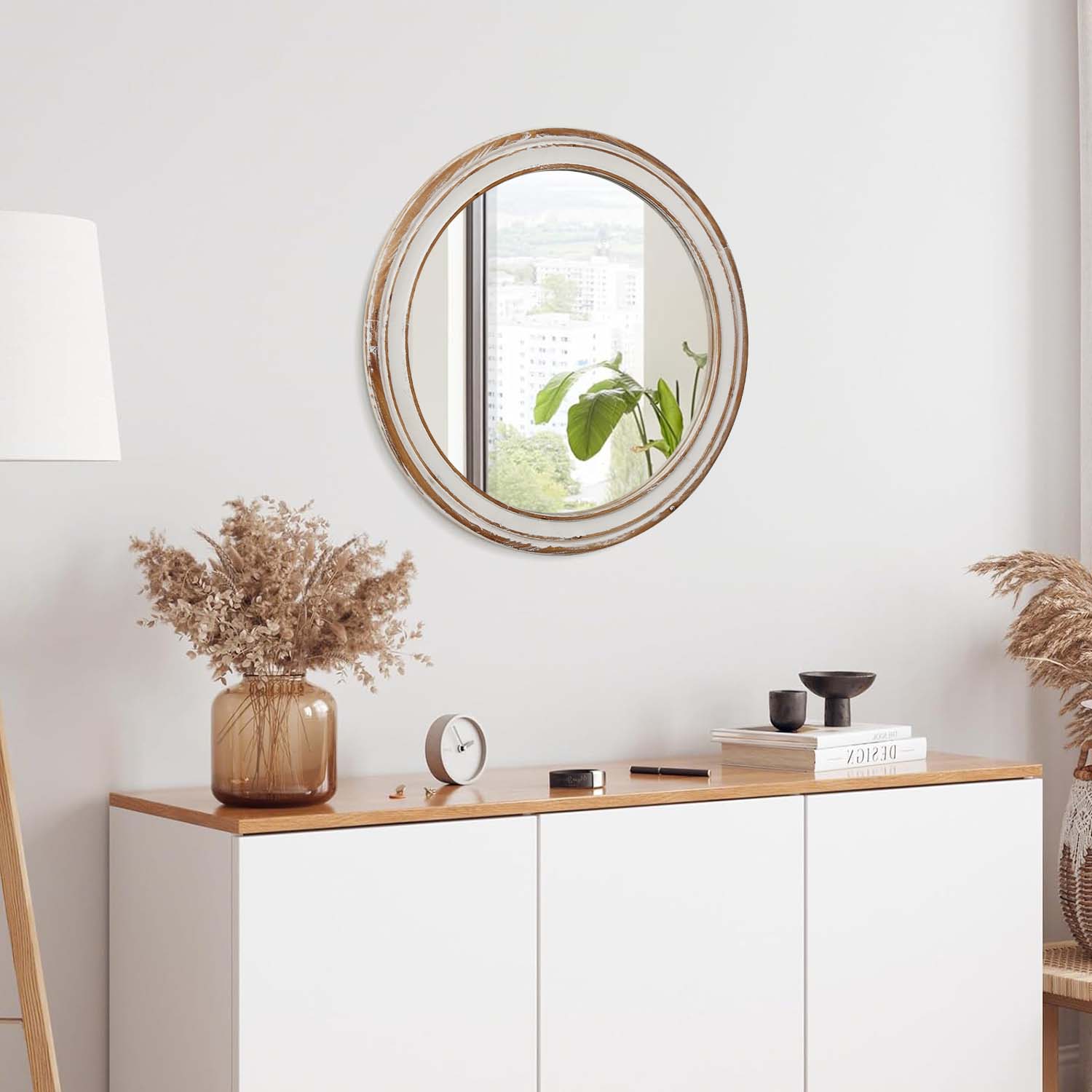 Left. PAIHOME - Round Wall Mirror for Bathroom Vanity, Wooden Farmhouse Circle Mirrors for Bedroom, Entryway, Living Room - 27.5” ×27.5"-White.