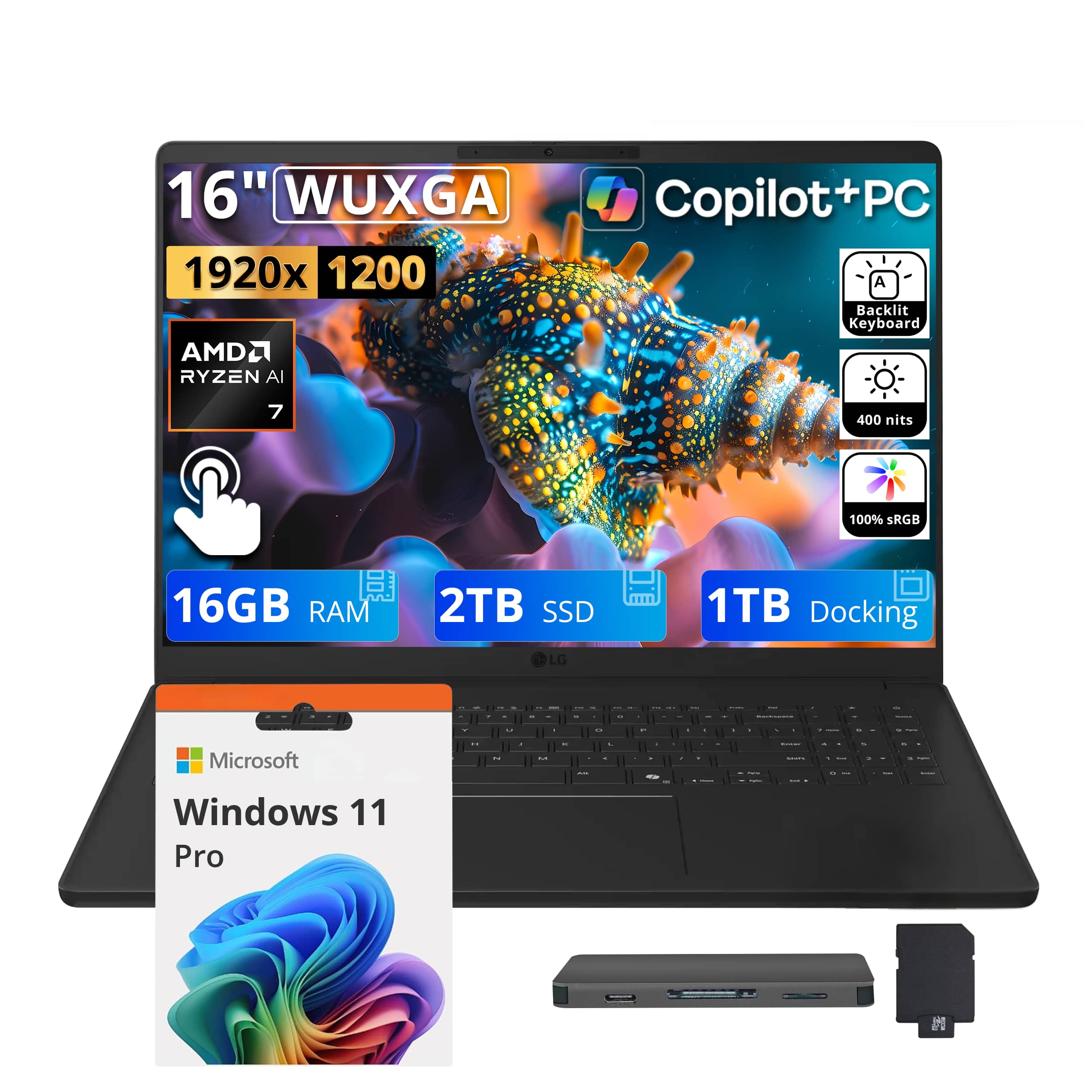 16" WUXGA 1920x1200 AMD RYZEN AI 7 Copilot+PC A Backlit Keyboard 400 nits 100% sRGB 16GB RAM 2TB SSD 1TB Docking LG Microsoft Windows 11 Pro