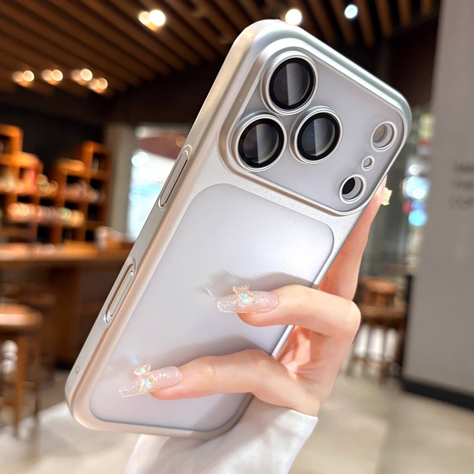 Left. Dteck - Plating Matte Case For Apple iPhone 18 Pro with Camera Lens Screen Protector, Shockproof Frosted Translucent Cover - Silver.