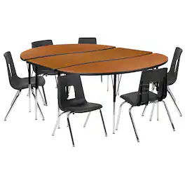 Flash Furniture - Emmy 86" Oval Wave Flexible Laminate Activity Table Set with 16" Student Stack Chairs, Oak/Black - Brown