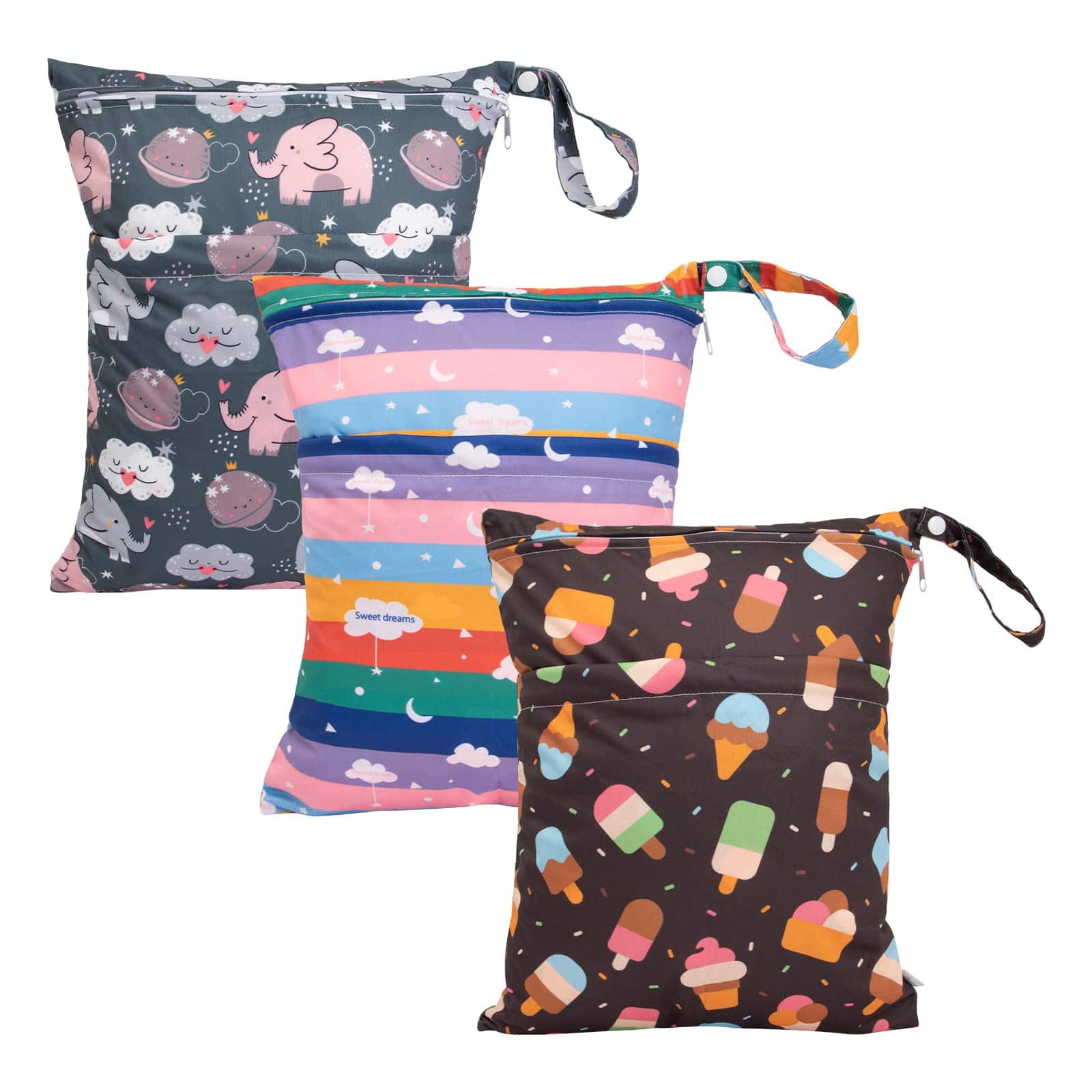 Paradigms Interiors - Wet Dry Bags Waterproof Reusable Travel For Swimsuits Cloth Diapers Beach Pool Gym Bag Clothes With 2 Pocke - Elephant and ice cream