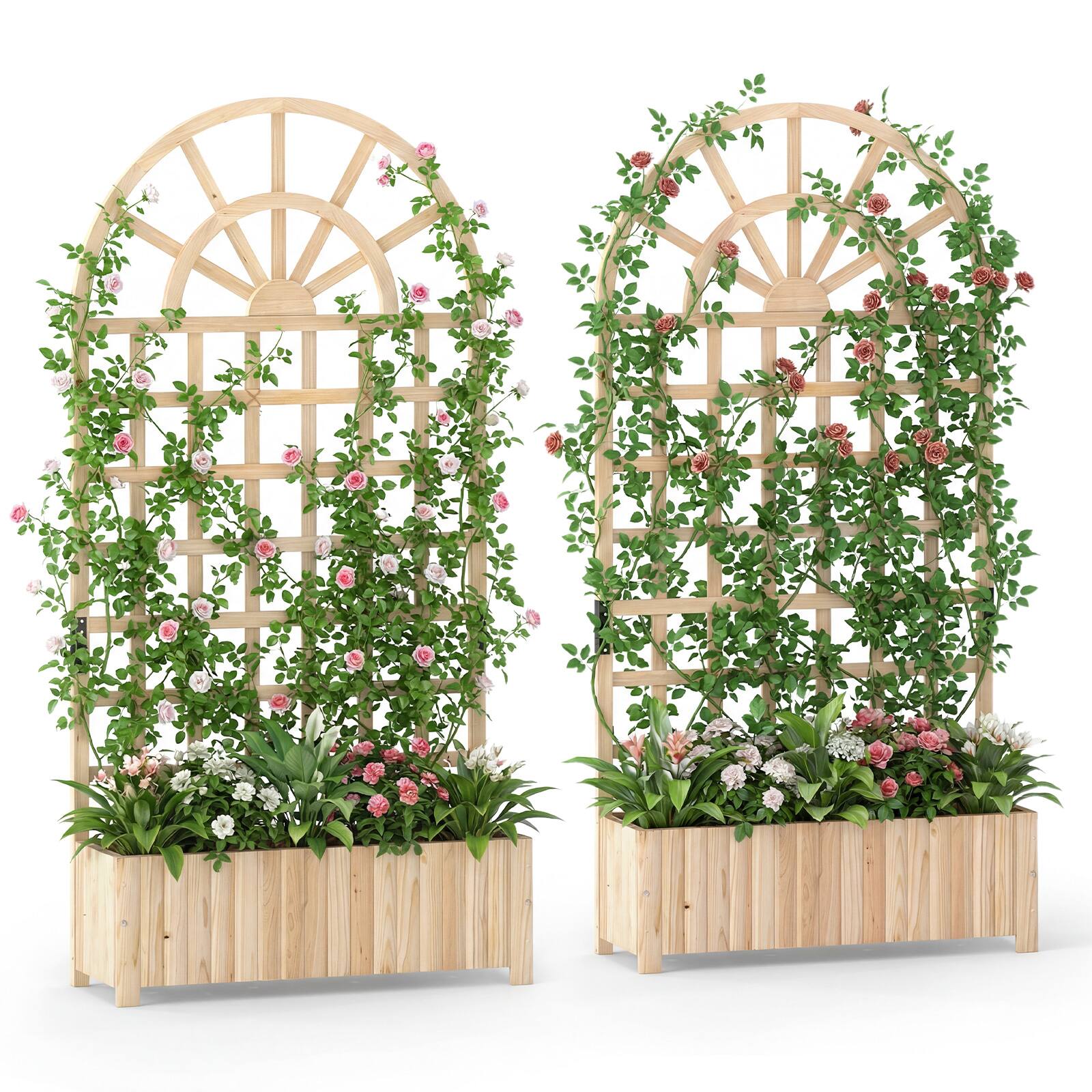 Front. Costway - Costway 2 PCS 71" Wooden Raised Garden Bed with Trellis, Drainage Holes for Vegetables - Natural.