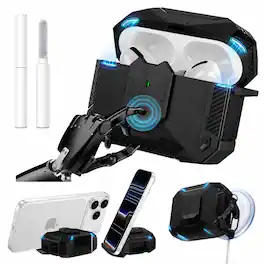 Dteck - for AirPods Pro 2 Case with Phone Stand, Fits MagSafe, Magnetic Lock Shockproof Rugged Cover with Cleaner Kit - Black