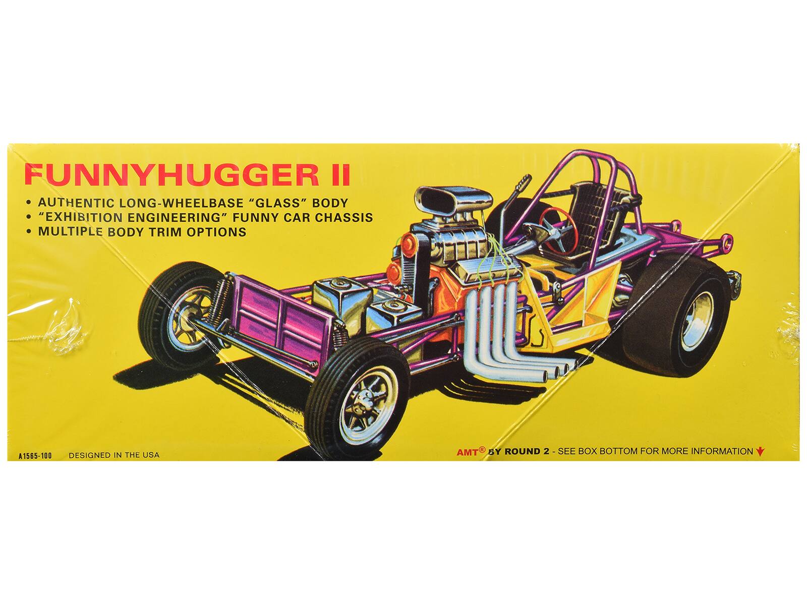 FUNNYHUGGER II  
AUTHENTIC LONG-WHEELBASE "GLASS" BODY  
"EXHIBITION ENGINEERING" FUNNY CAR CHASSIS  
MULTIPLE BODY TRIM OPTIONS  

A1565-100  
DESIGNED IN THE USA  

AMT BY ROUND 2 - SEE BOX BOTTOM FOR MORE INFORMATION