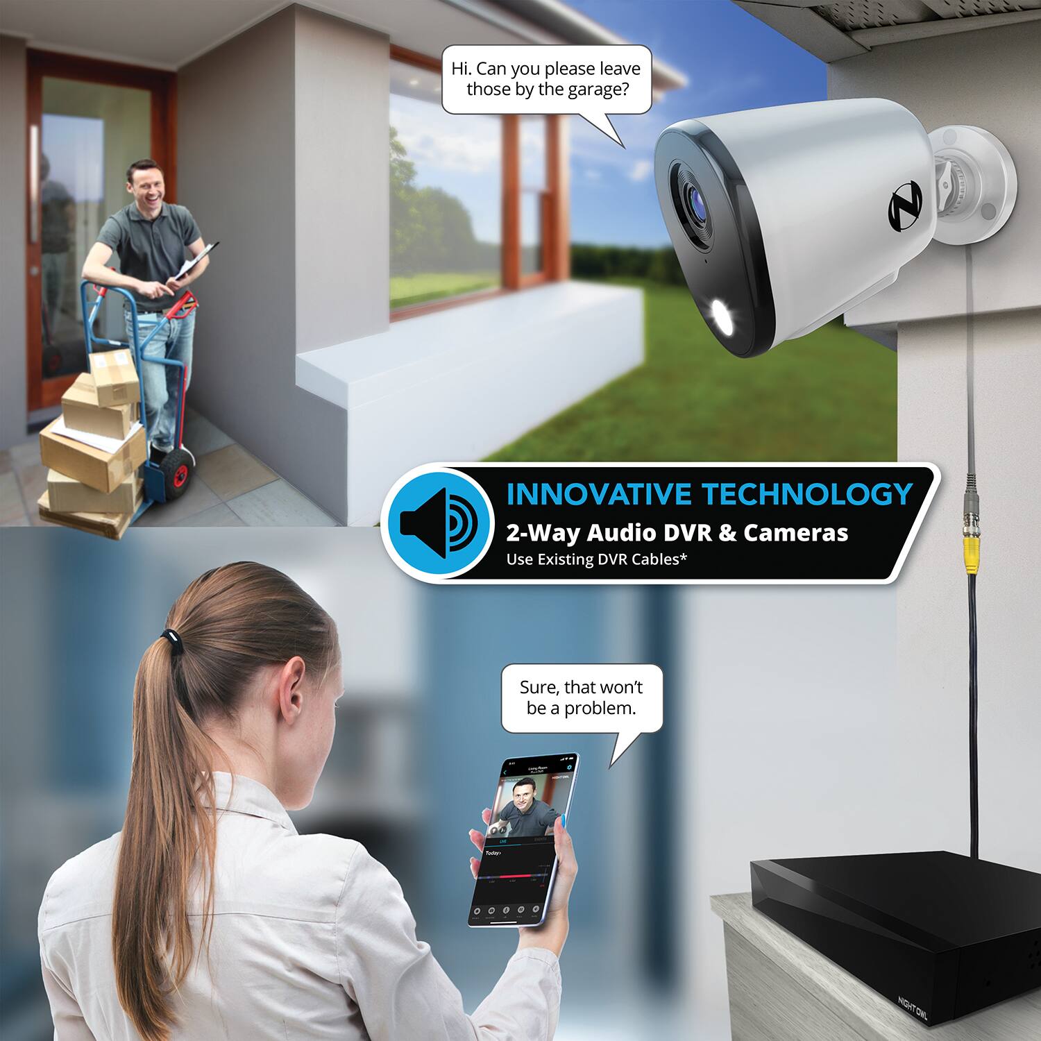 Hi. Can you please leave those by the garage?

INNOVATIVE TECHNOLOGY  
2-Way Audio DVR & Cameras  
Use Existing DVR Cables*

Sure, that won't be a problem.  
- ND