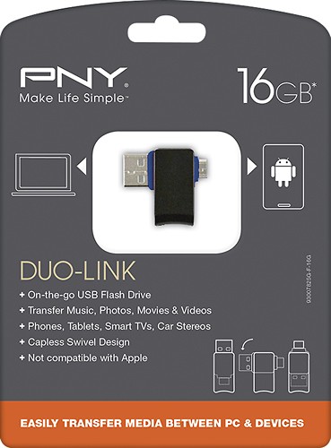  PNY - Duo-Link OTG 16GB USB 2.0/Micro USB Flash Drive - Black/Blue