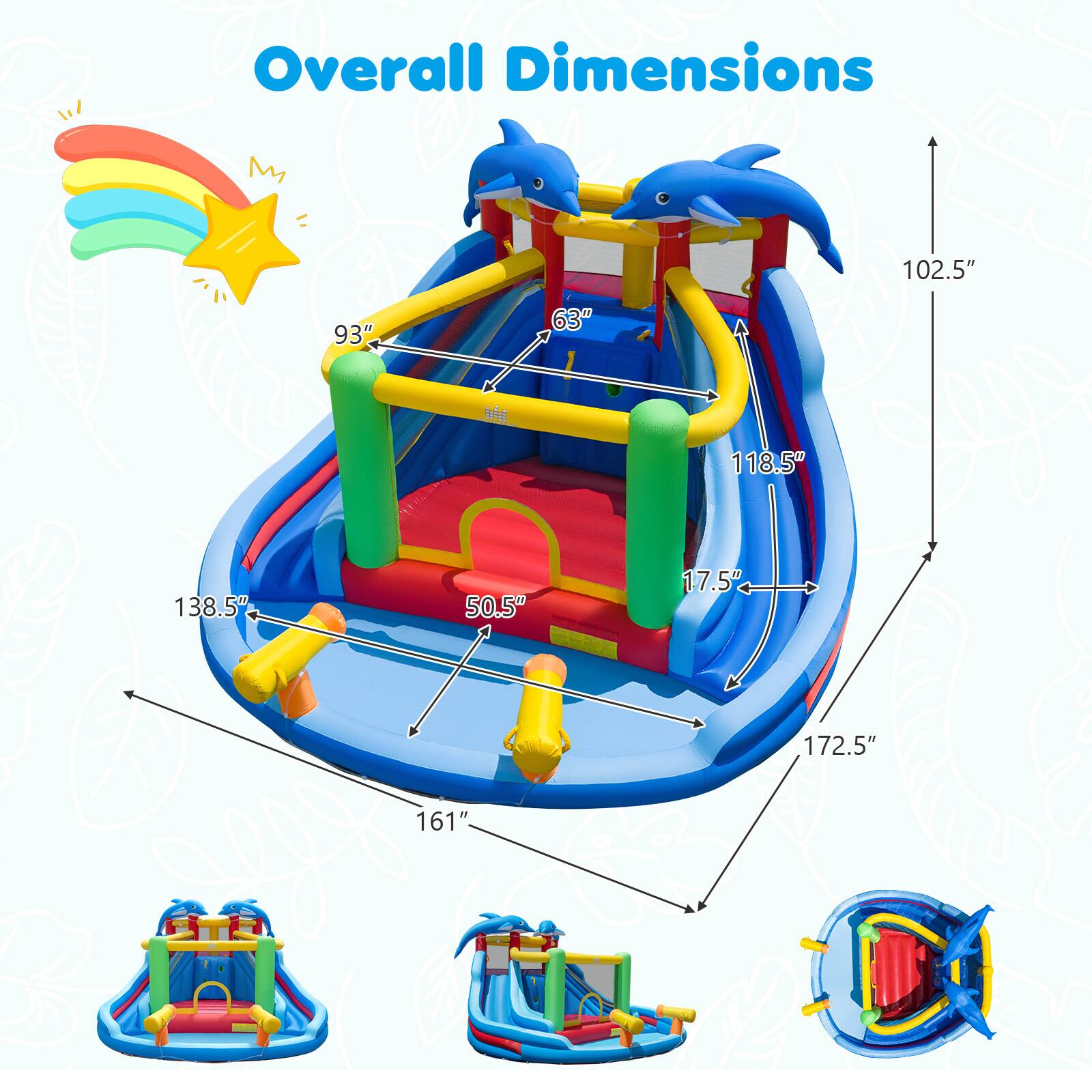 Overall Dimensions: 102.5" x 93" x 63" hbg, 118.5" x 138.5" x 50.5" x 161" x 17.5" x 172.5"