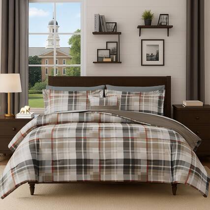 Front. Paradigms Interiors - Xl Comforter Set Plaid Design 5 Pieces For Dorm Farmhouse All Season Lightweight With Fitted Sheet Flat khaki - Khaki-Twin XL.