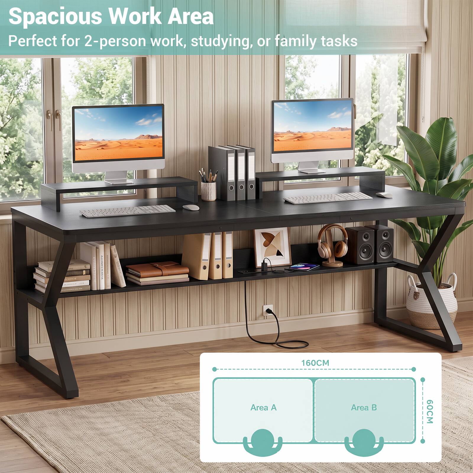 Spacious Work Area  
Perfect for 2-person work, studying, or family tasks

AMEXIDE

160CM  
Area A  
Area B  
60CM