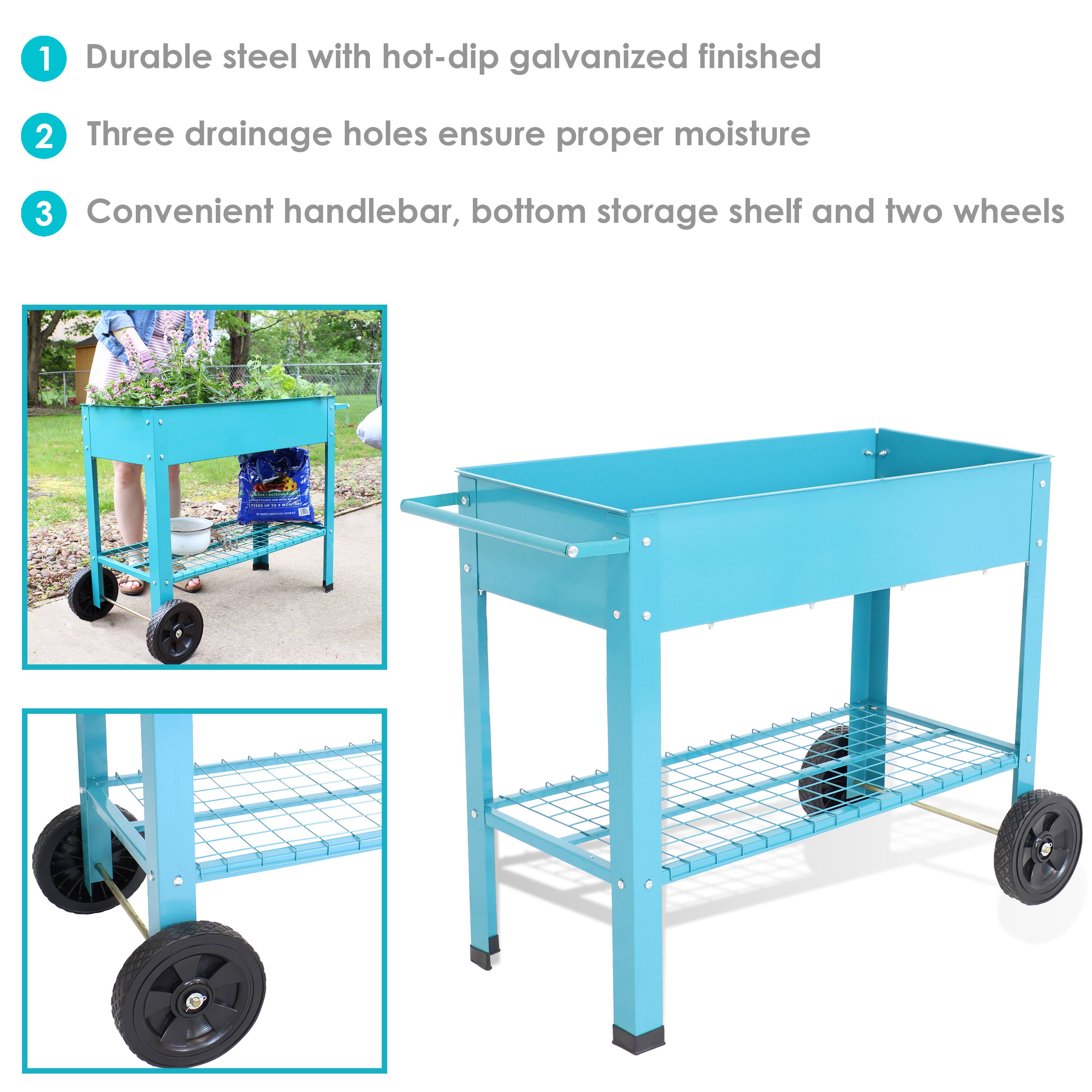 1. Durable steel with hot-dip galvanized finished  
2. Three drainage holes ensure proper moisture  
3. Convenient handlebar, bottom storage shelf, and two wheels
