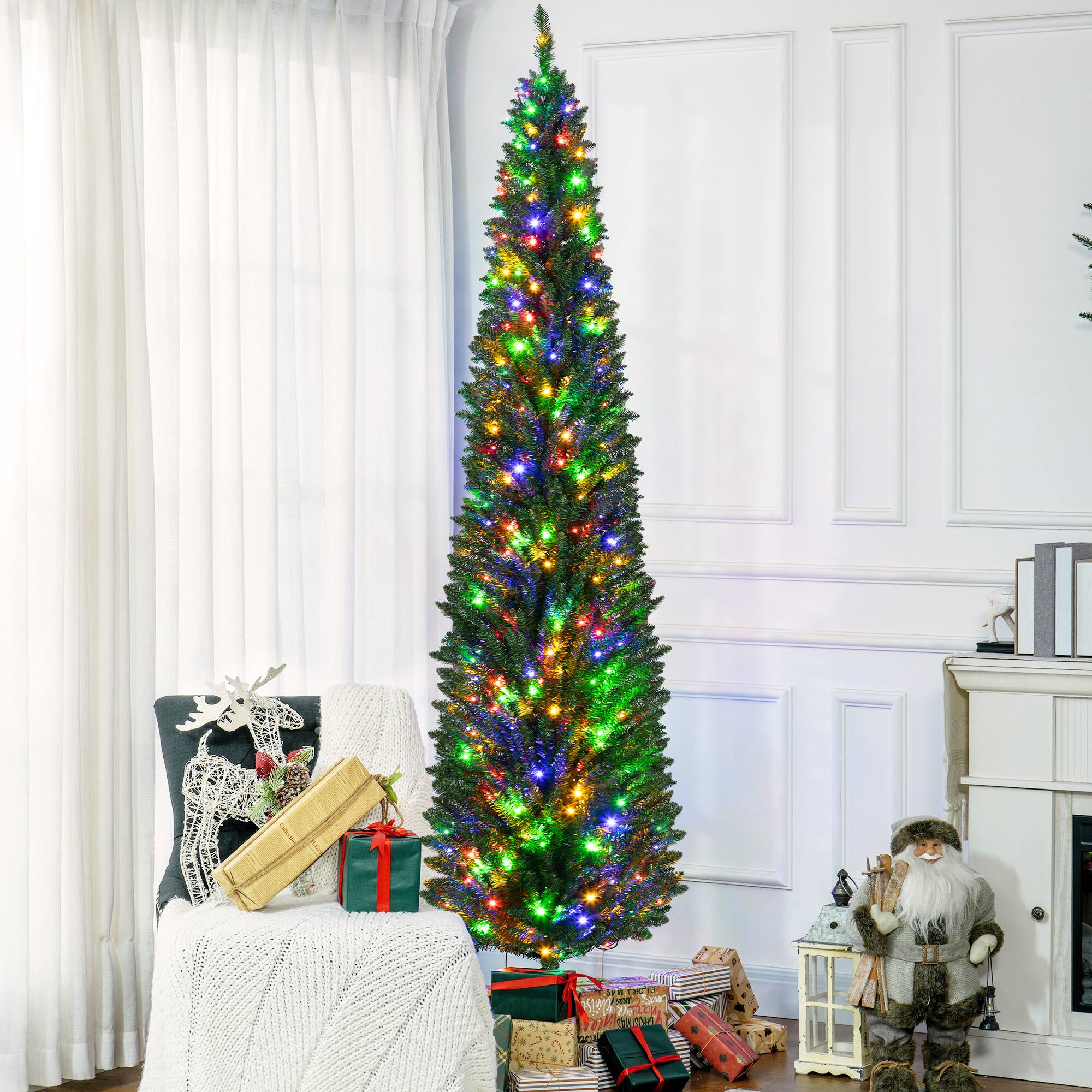 Alt View 1. Homcom - Artificial Pencil Christmas Trees Holiday Decoration with Colorful LED Lights, Steel Base - green.