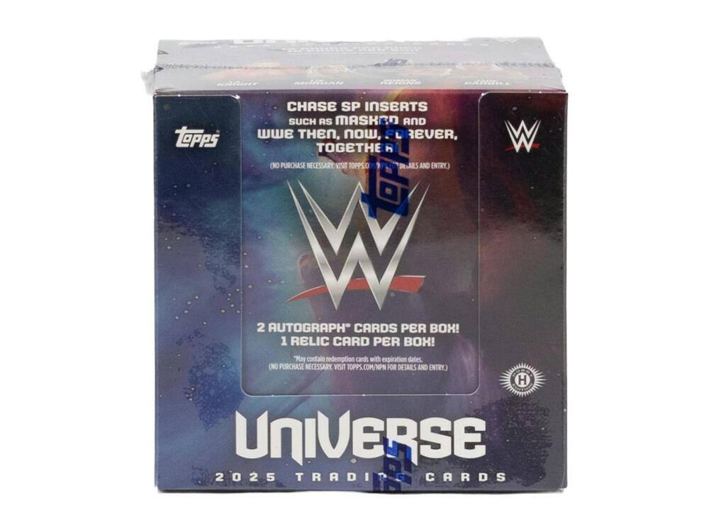 CHASE SP INSERTS SUCH AS MASKED AND WWE THEN, NOW, FOREVER, TOGETHER (NO PURCHASE NECESSARY. VISIT TOPPS.COM/DRJARS AND ENTRY.) 2 AUTOGRAPH* CARDS PER BOX! 1 RELIC CARD PER BOX! "May contain redemption cards with expiration dates. (NO PURCHASE NECESSARY. VISIT TOPPS.COM/NPN FOR DETAILS AND ENTRY.) UNIVERSE 2025 TRADITION CARDS