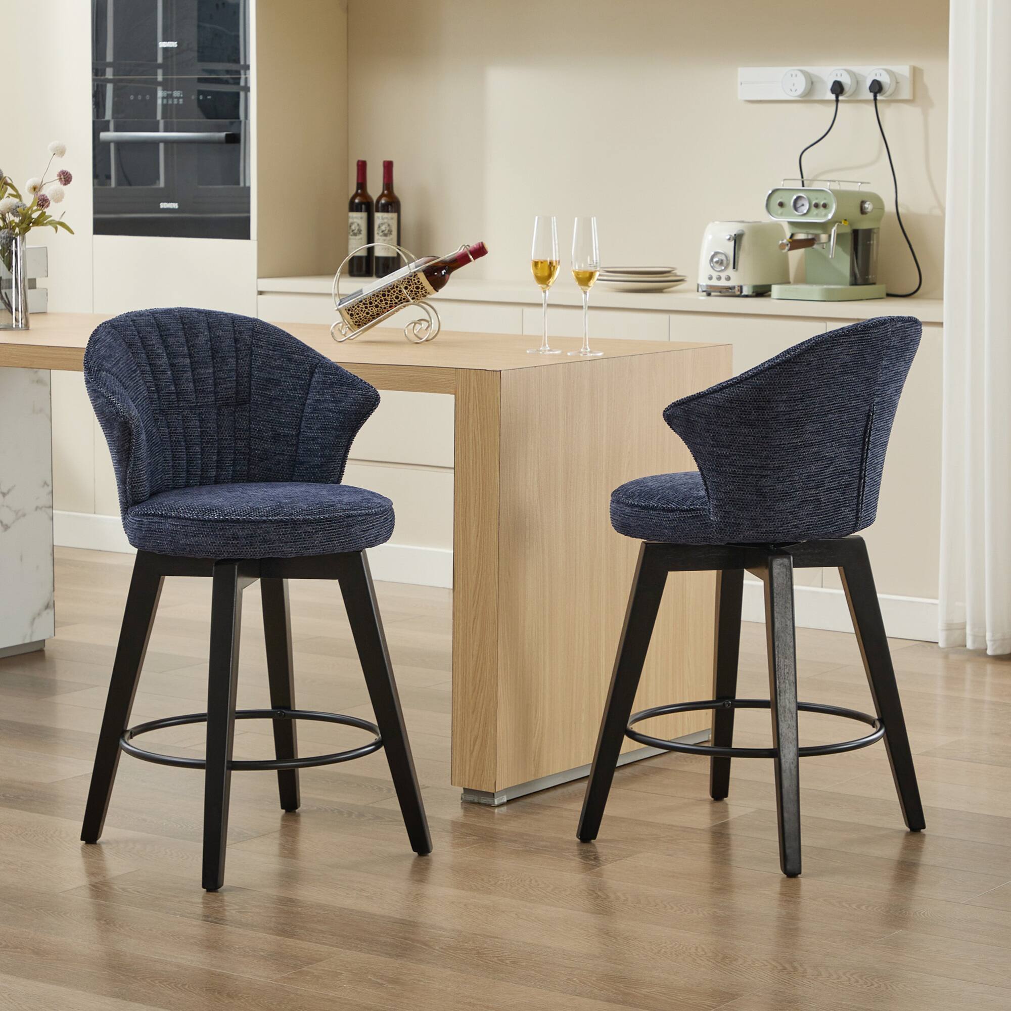 Alt View 4. GOODSILO - Set of 2 Wing Back Swivel Bar Stools - Adjustable Counter Height Stools with Solid Wood Legs & Plush Upholstery - Blue.