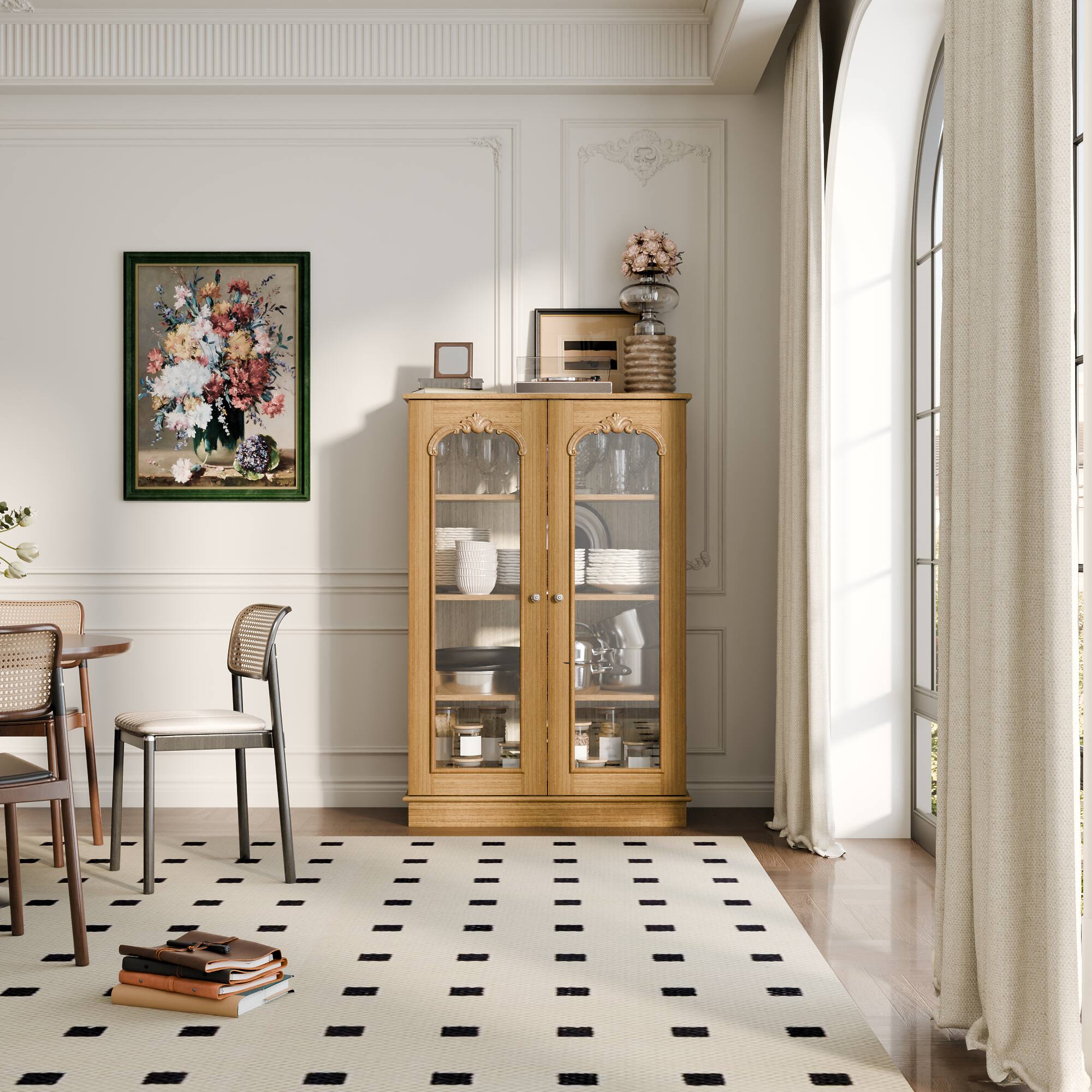 Alt View 6. Famapy - Famapy French Country Glass Display Cabinet: Rustic - Chic Dishware Storage + Showcase - Wooden.