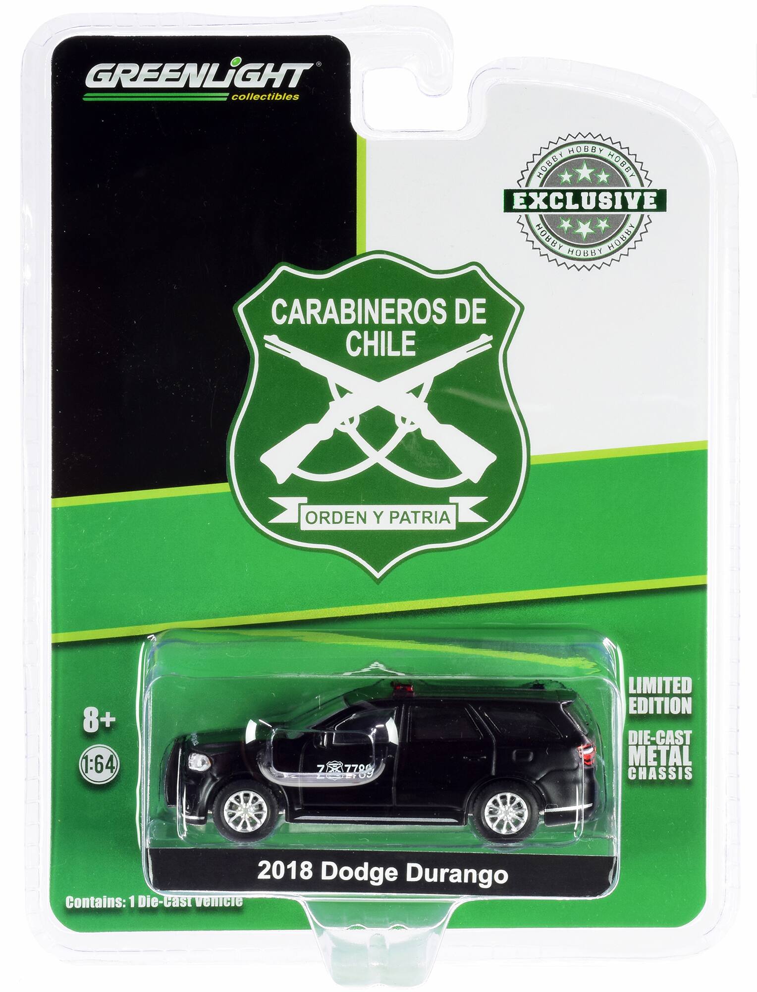 GREENLiGHT collectibles

CARABINEROS DE CHILE  
ORDEN Y PATRIA

EXCLUSIVE  
HOBBY HOBBY HOBBY

LIMITED EDITION  
DIE-CAST METAL CHASSIS

8+  
1:64

2018 Dodge Durango

Contains: 1 Die-Cast Vehicle