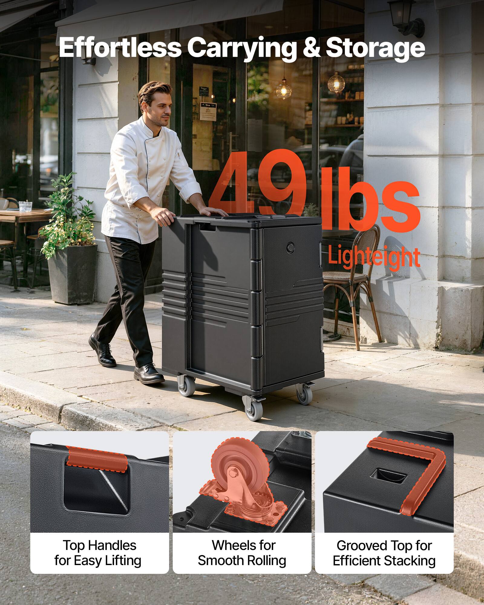 Effortless Carrying & Storage  
49 lbs Lightweight  
Top Handles for Easy Lifting  
Wheels for Smooth Rolling  
Grooved Top for Efficient Stacking